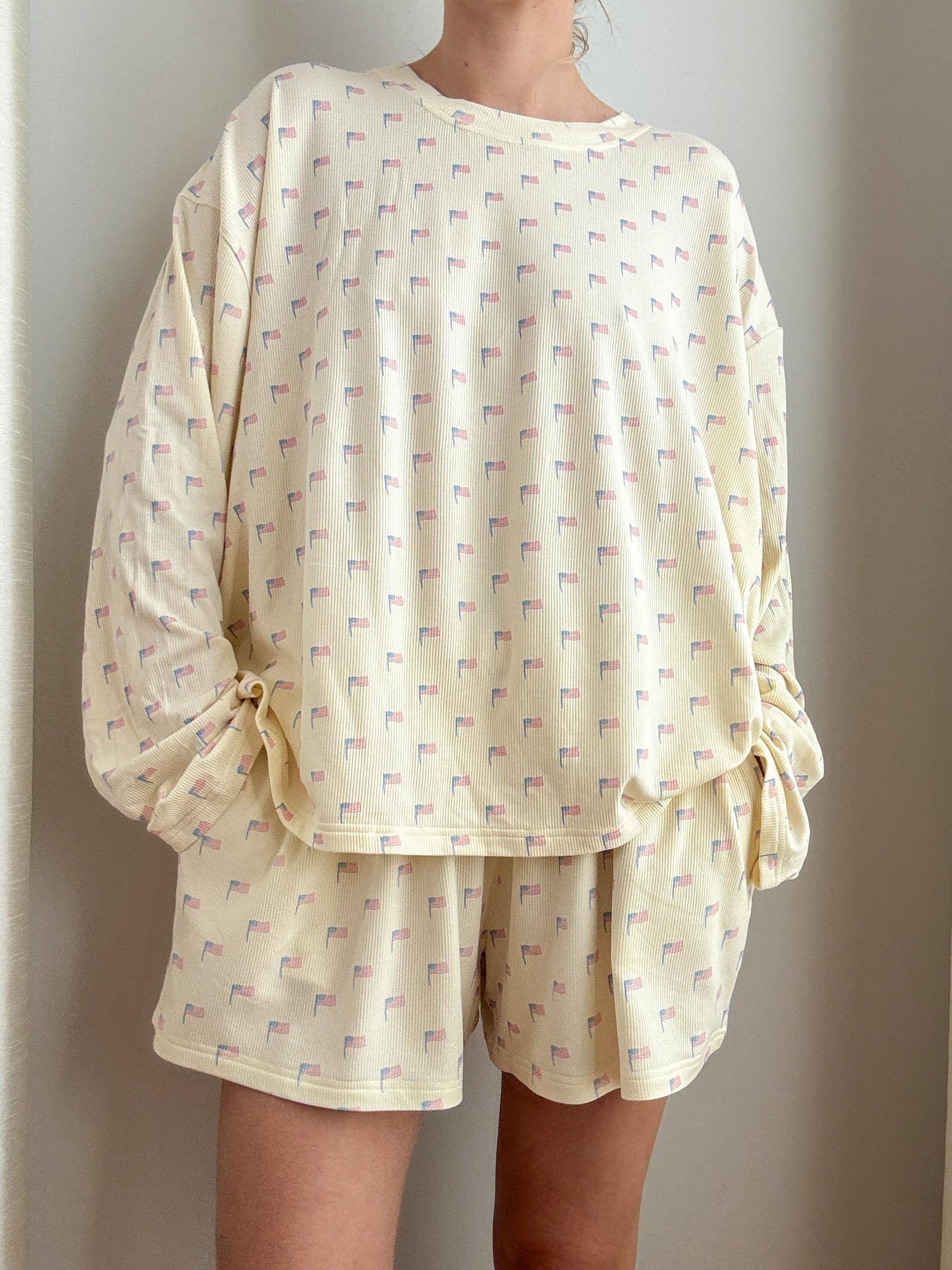 Pale Yellow American Flag Pajama Pattern Shorts Product Image