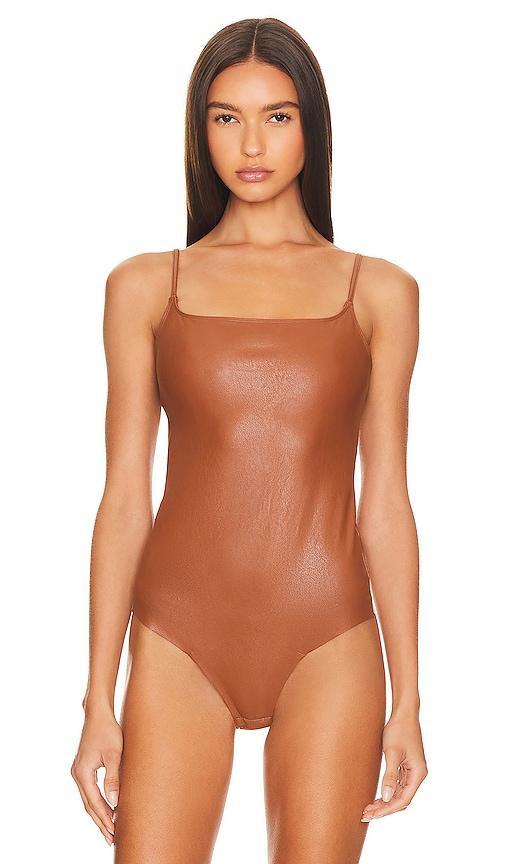 Faux-Leather Spaghetti-Strap Bodysuit Product Image