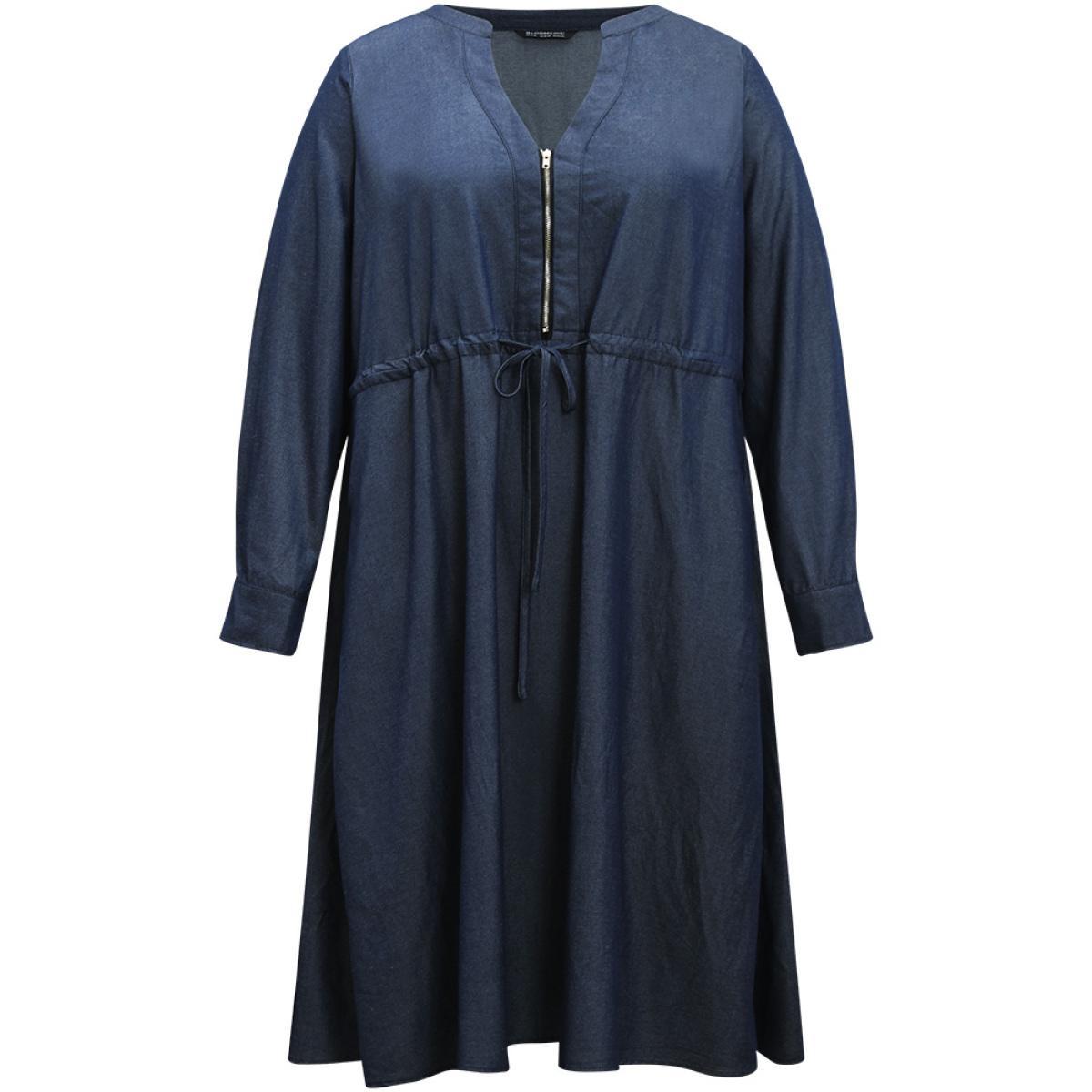 Plus Size Denim Half Zip Drawstring Elastic Waist Dress Indigo Women Casual Plain Notched collar Long Sleeve Curvy Midi Dress BloomChic 22-24/3X Product Image