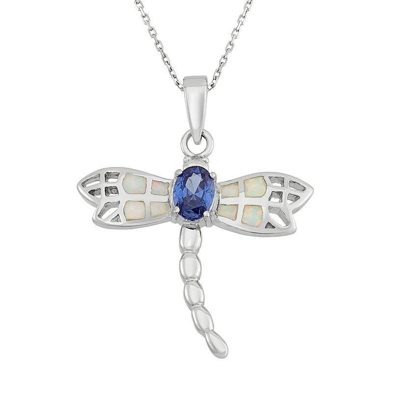 Lab-Created Opal & Cubic Zirconia Sterling Silver Dragonfly Pendant Necklace, Women's, Size: 18", Blue Product Image