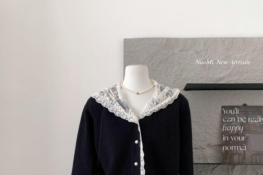 Lace Trim Hooded Plain Cardigan Product Image