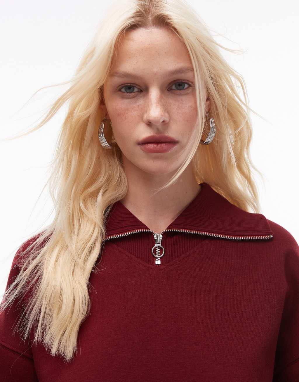 Topshop oversized quarter zip sweat in burgundy Product Image