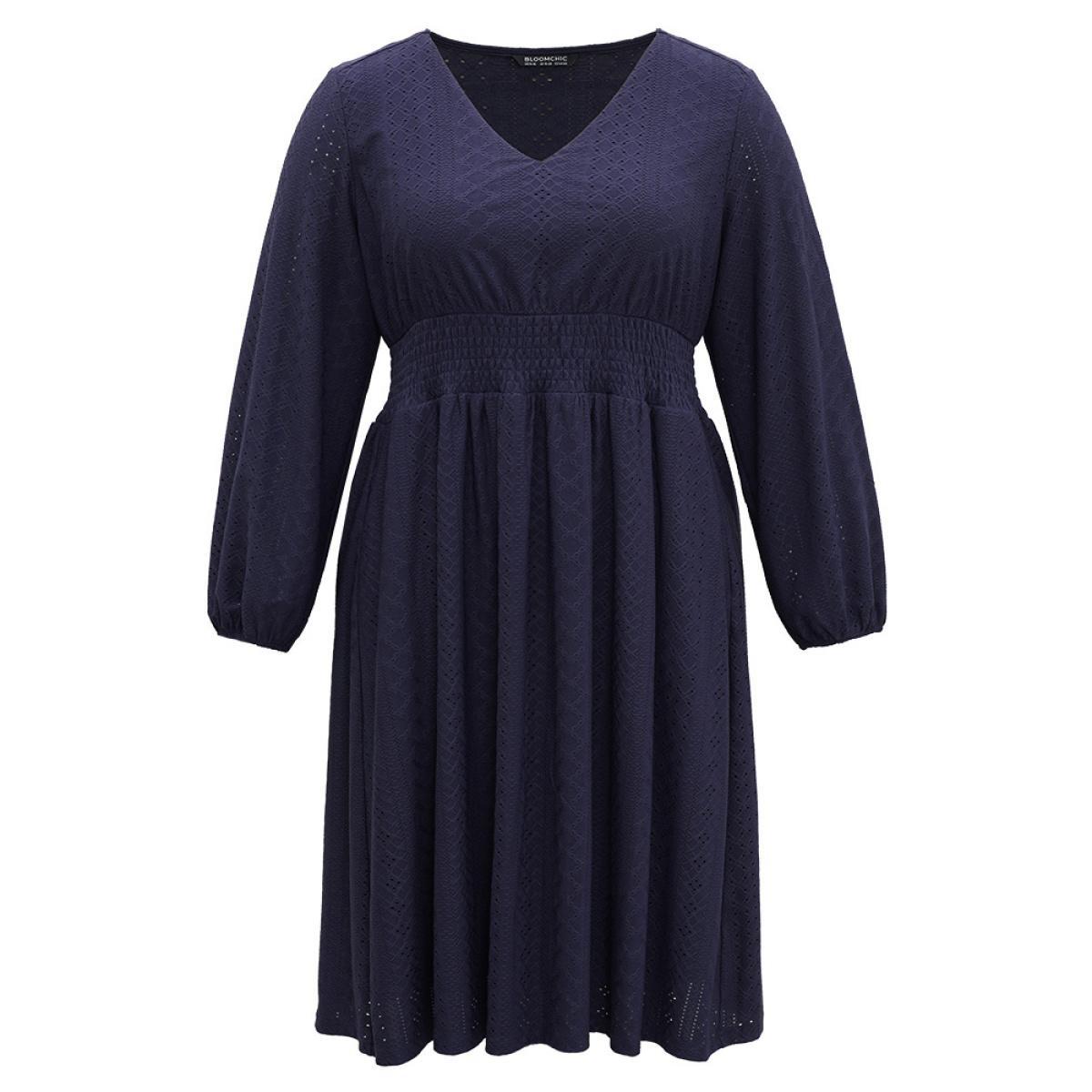 Plus Size Plain Textured Shirred Ruffle Hem Dress DarkBlue Women Casual Elastic cuffs V-neck Long Sleeve Curvy Midi Dress BloomChic 12/L Product Image