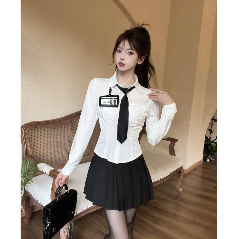 Long-Sleeve Plain Button-Up Crop Shirt / High Waist Pleated Mini A-Line Skirt / Necktie / Name Tag / Set Product Image