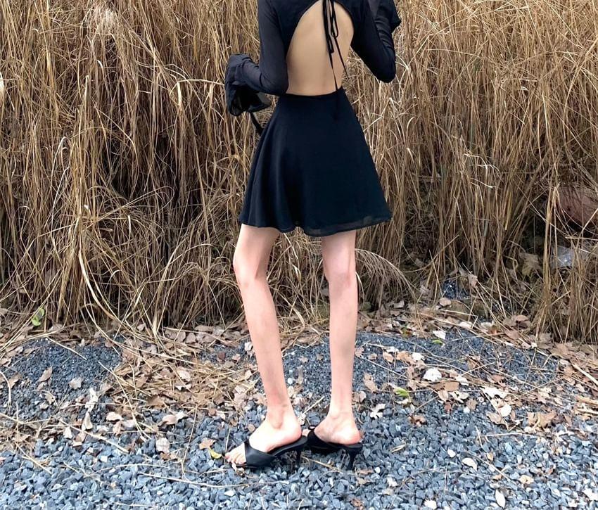 Long-Sleeve Crew Neck Plain Tie Waist Open Back Mini A-Line Dress Product Image