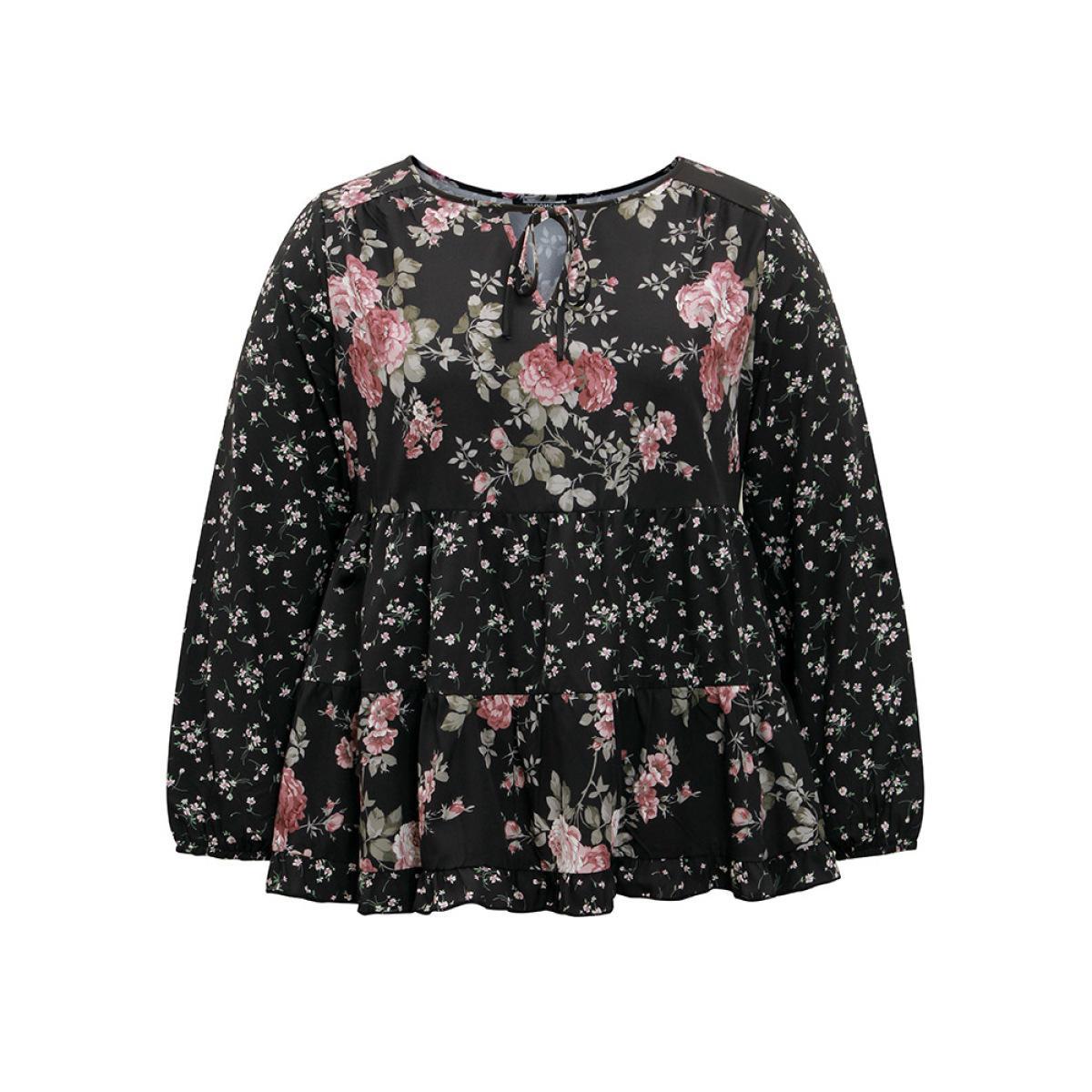Plus Size Black Floral Knot Neck Lantern Sleeve Ruffle Layered Hem Blouse Women Elegant Long Sleeve Tie Neck Vacation Blouses BloomChic 18-20/2X Product Image