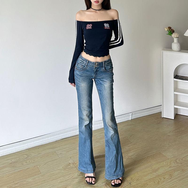 Long-Sleeve Off-Shoulder Number Embroidered Striped Lace Trim Cropped T-Shirt Product Image