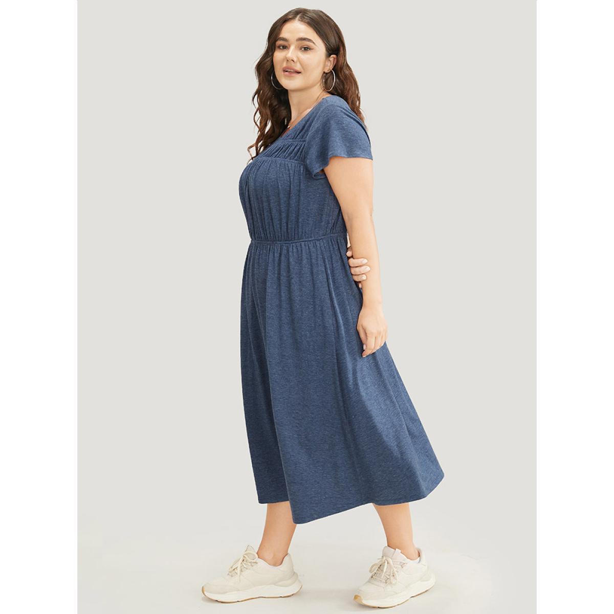 Plus Size Plain Gathered Pocket Round Neck Ruffle Sleeve Dress DarkBlue Women Office Gathered Round Neck Short sleeve Curvy Midi Dress BloomChic 26/4X Product Image