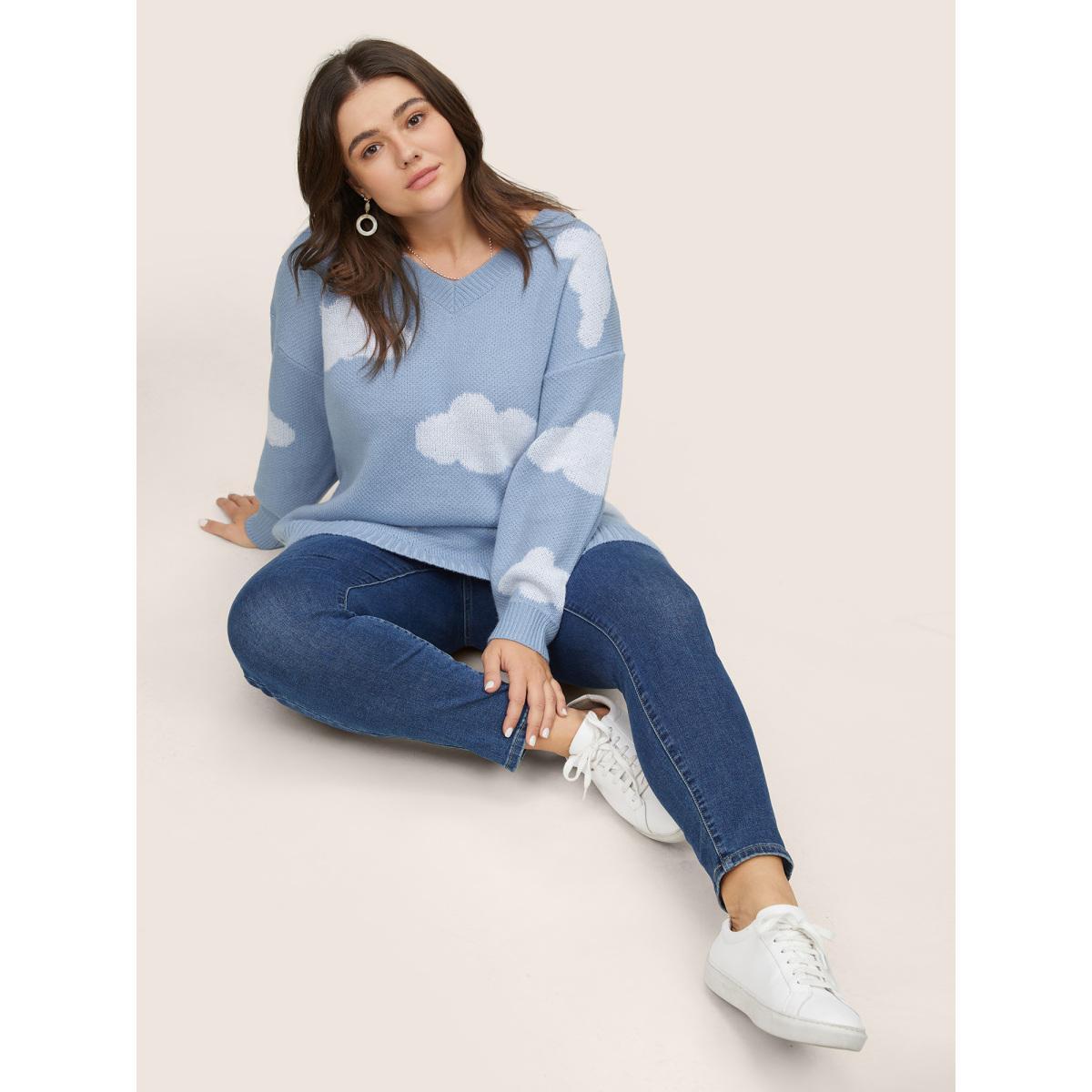 Plus Size Blue Sky White Clouds V Neck Pullover Stone Women Casual Long Sleeve V-neck Everyday Pullovers BloomChic 12/L Product Image