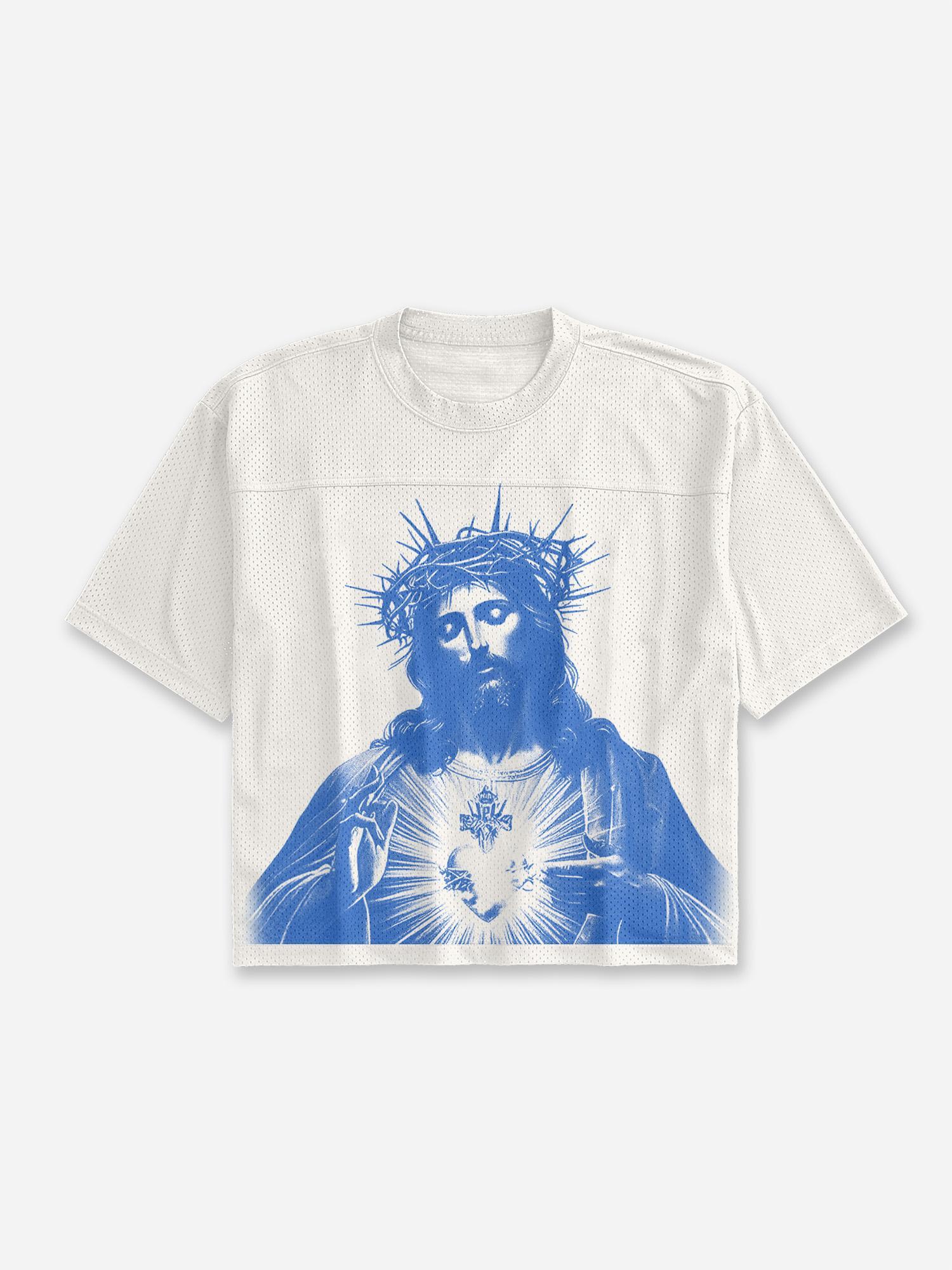 Vintage Jesus Graphic Blokecore Mesh Jerseys Cropped Tops Product Image