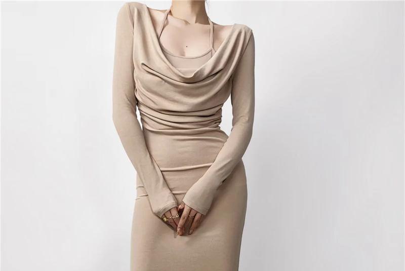 Mock Two-Piece Long-Sleeve Halter Cowl Neck Plain Midi Sheath Dress Product Image