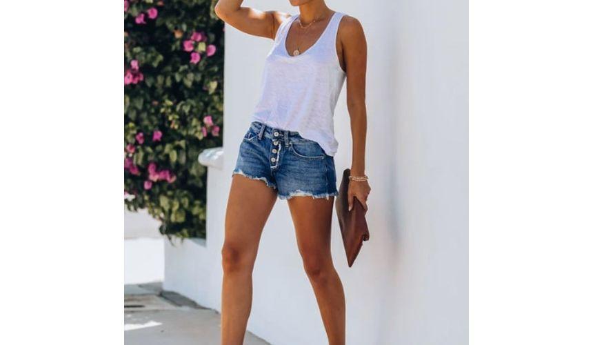Mid Rise Button Fly Distressed Washed Denim Hot Pants Product Image