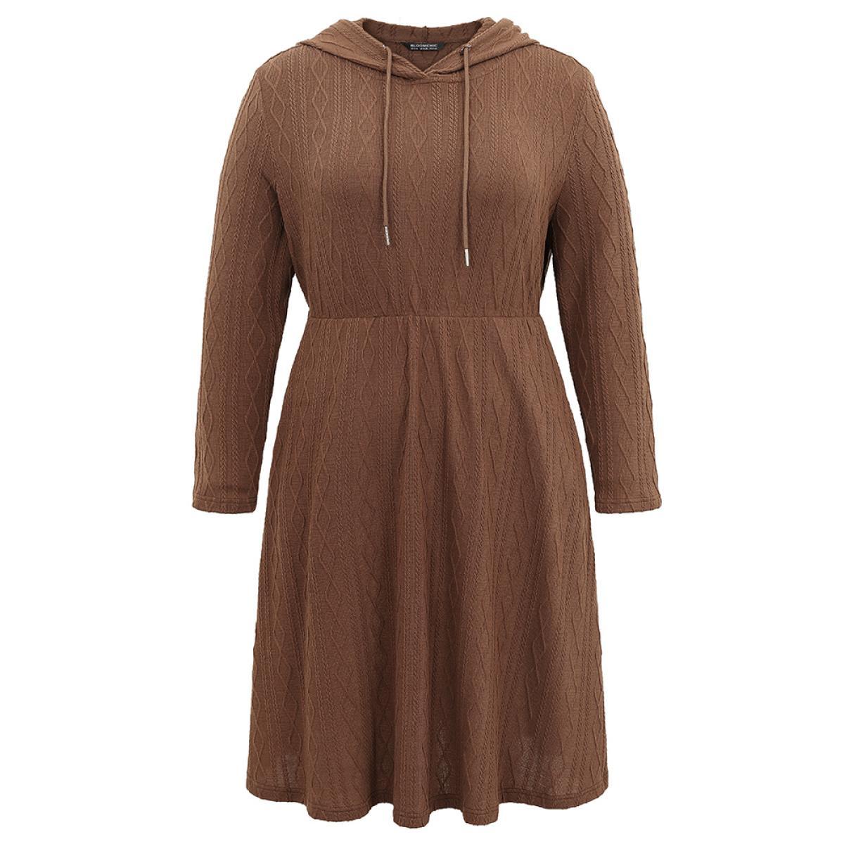 Plus Size Plain Texture Jacquard Hooded Cable Knit Dress Chocolate Women Casual Texture Hooded Long Sleeve Curvy Midi Dress BloomChic 28/5X Product Image