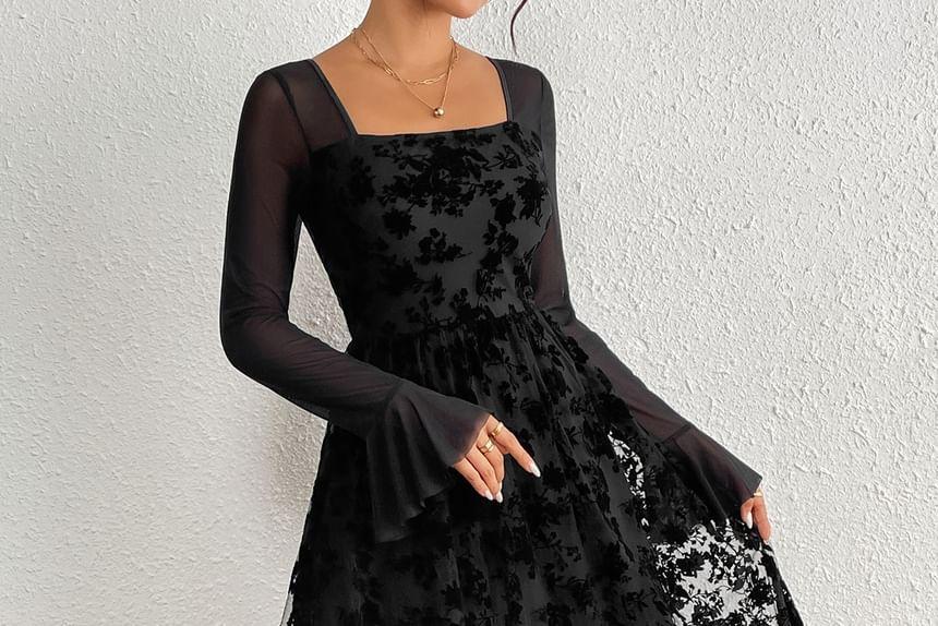 Long Sleeve Square Neck Floral Lace A-Line Maxi Dress Product Image