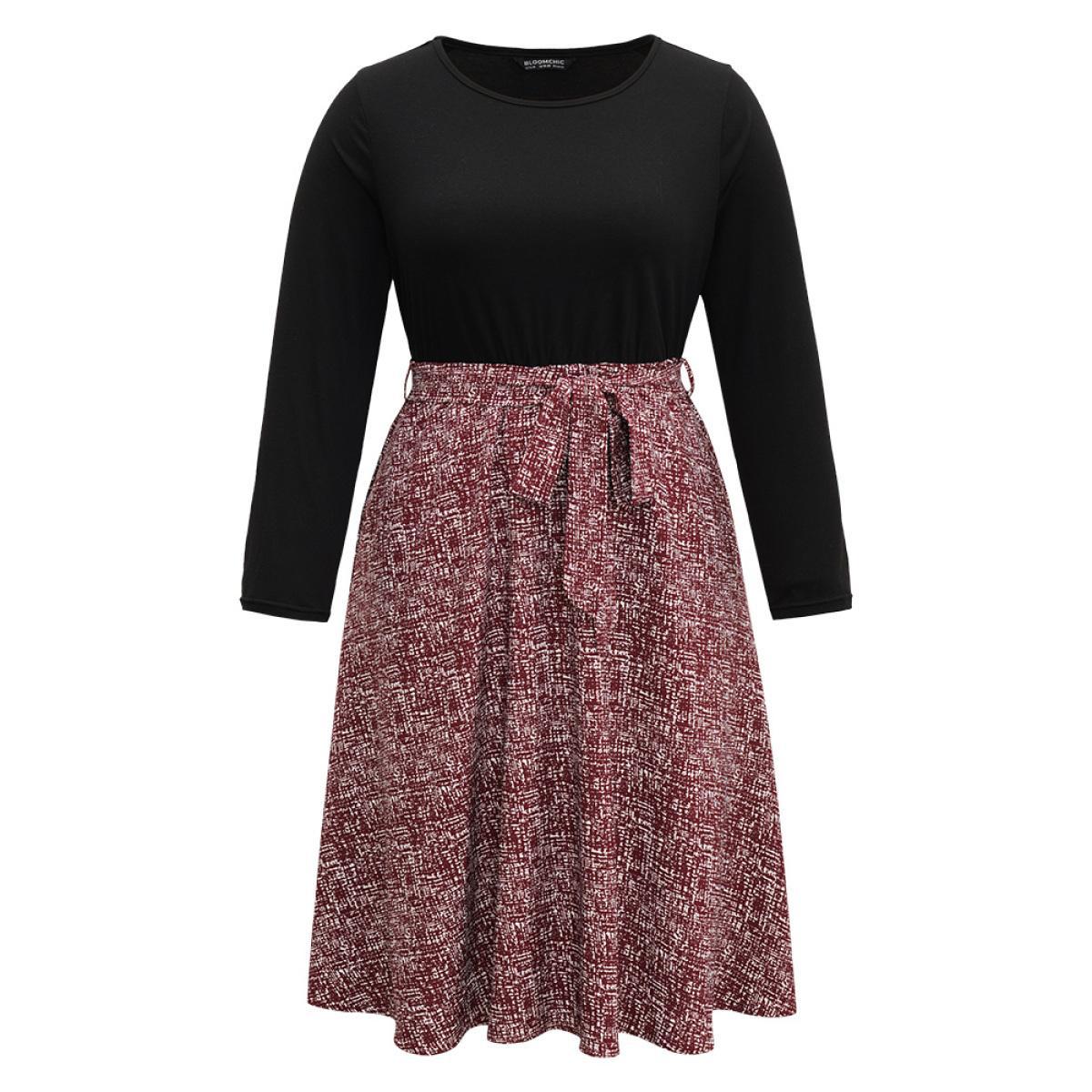 Plus Size Patchwork Contrast Belted Crew Neck Dress Black Women Office Belted Round Neck Long Sleeve Curvy Midi Dress BloomChic 18-20/2X Product Image