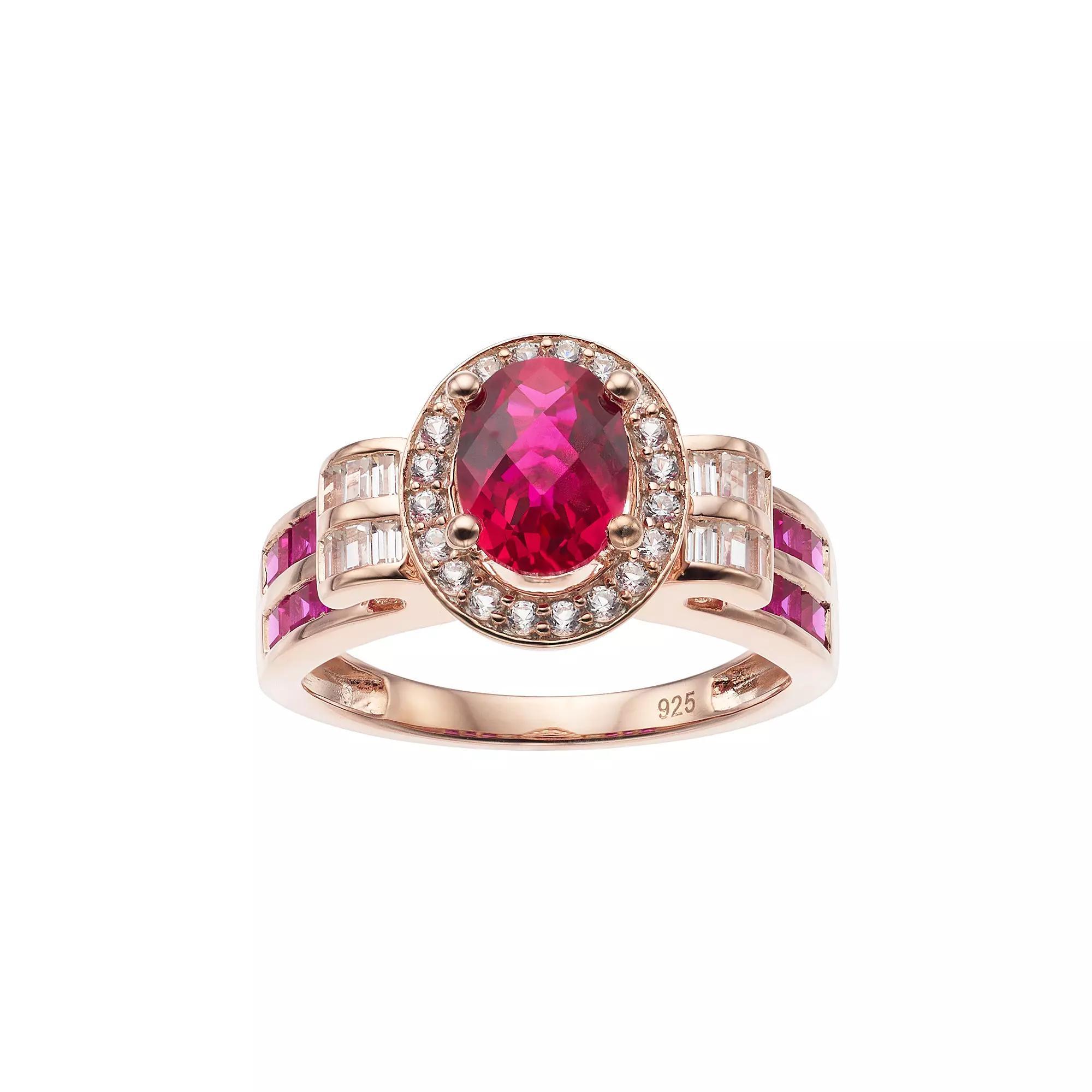 14k Rose Gold Over Silver Lab-Created Ruby & White Sapphire Oval Halo Ring, Women's, Size: 6, Pink Tone Product Image