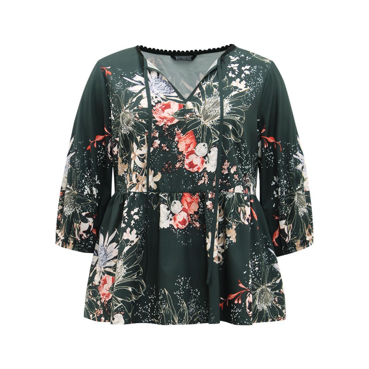 Plus Size DarkGreen Floral Print Knot Neck Pompom Trim Gathered Blouse Women Elegant Elbow-length sleeve Tie Neck Everyday Blouses BloomChic 18-20/2X Product Image