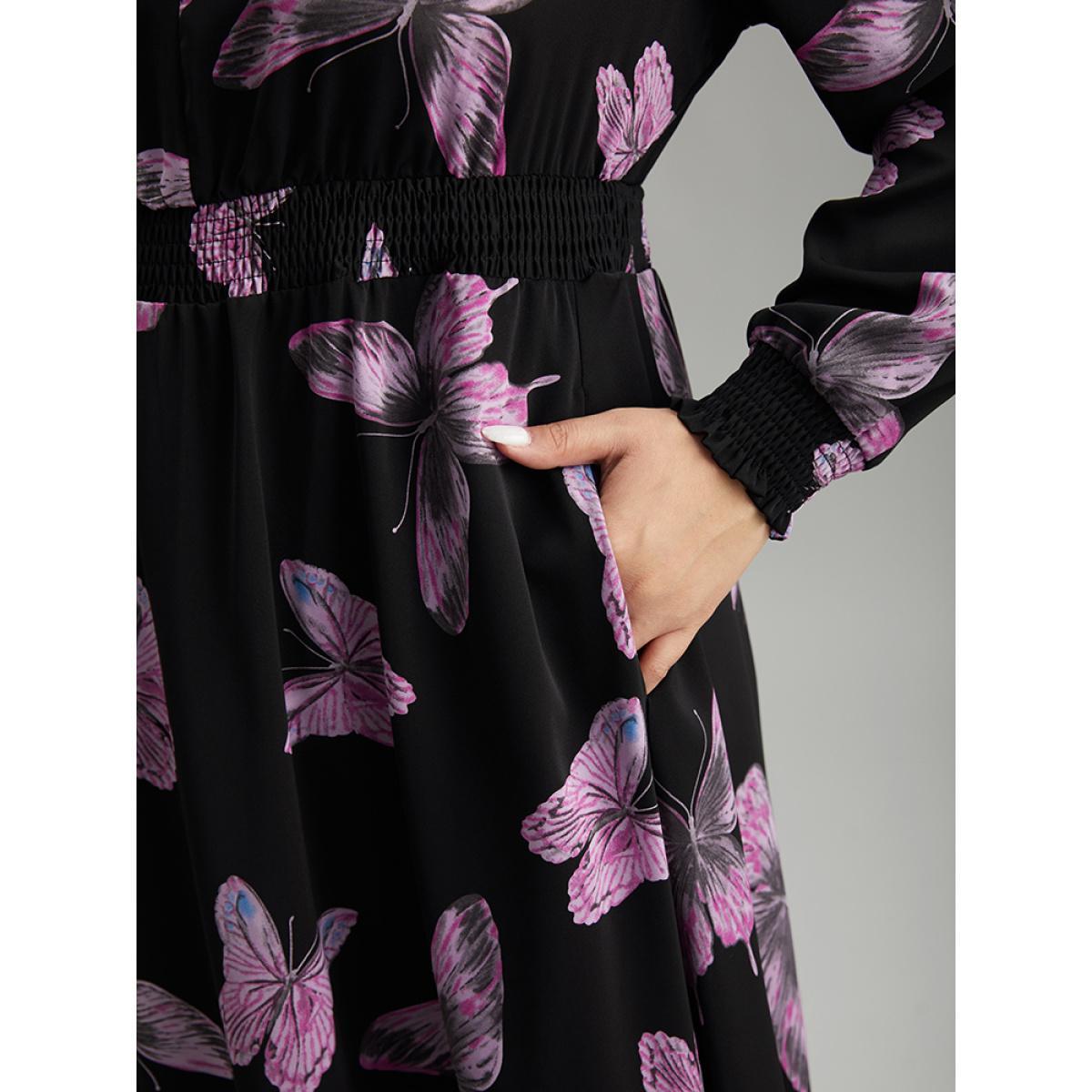 Plus Size Butterfly Print Pocket Shirred Cuffs Dress Black Women Elegant Printed V-neck Long Sleeve Curvy Midi Dress BloomChic 12/L Product Image
