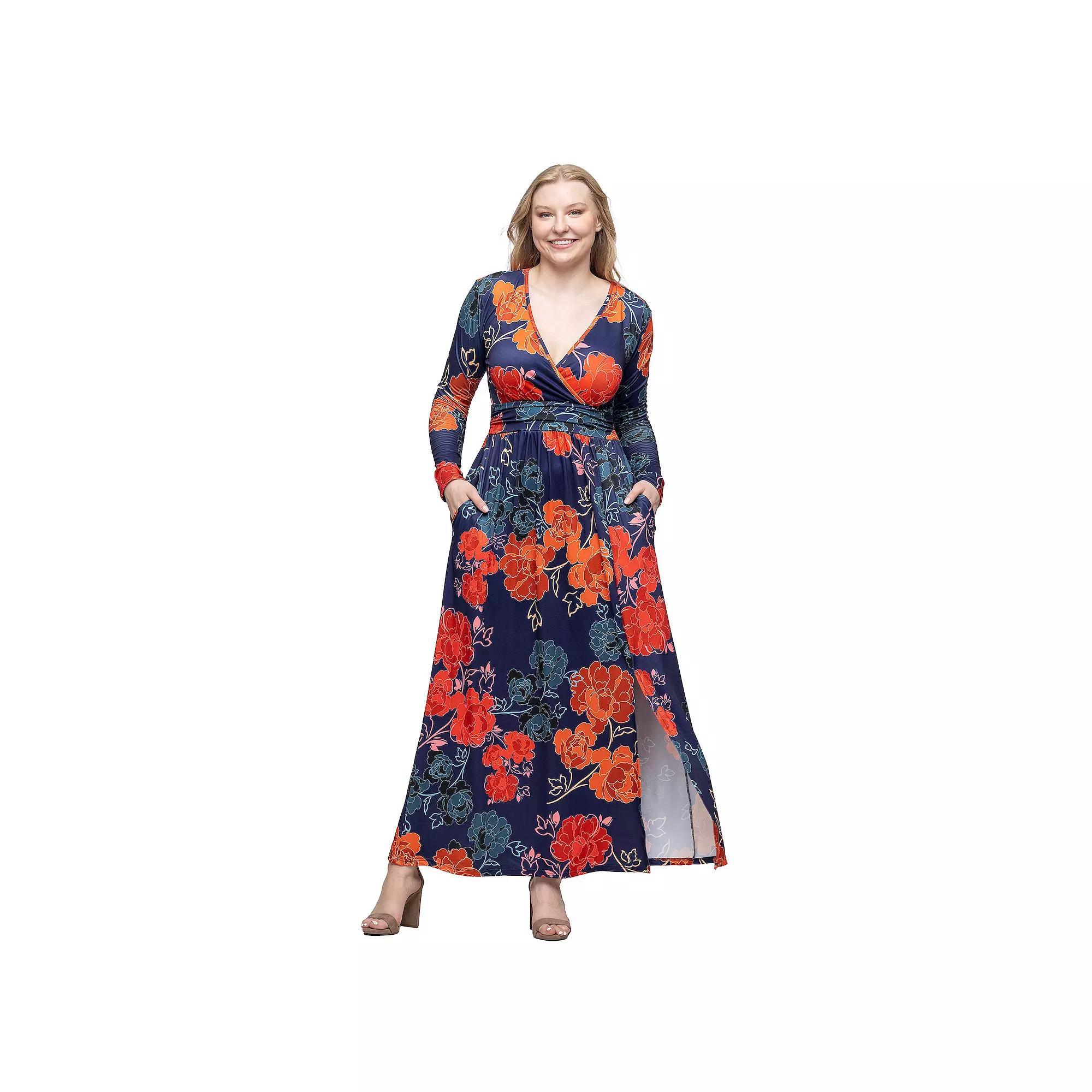 Women's 24Seven Comfort Apparel Floral Print Long Sleeve Side Slit Maxi Dress, Size: Small, Blue Team Product Image