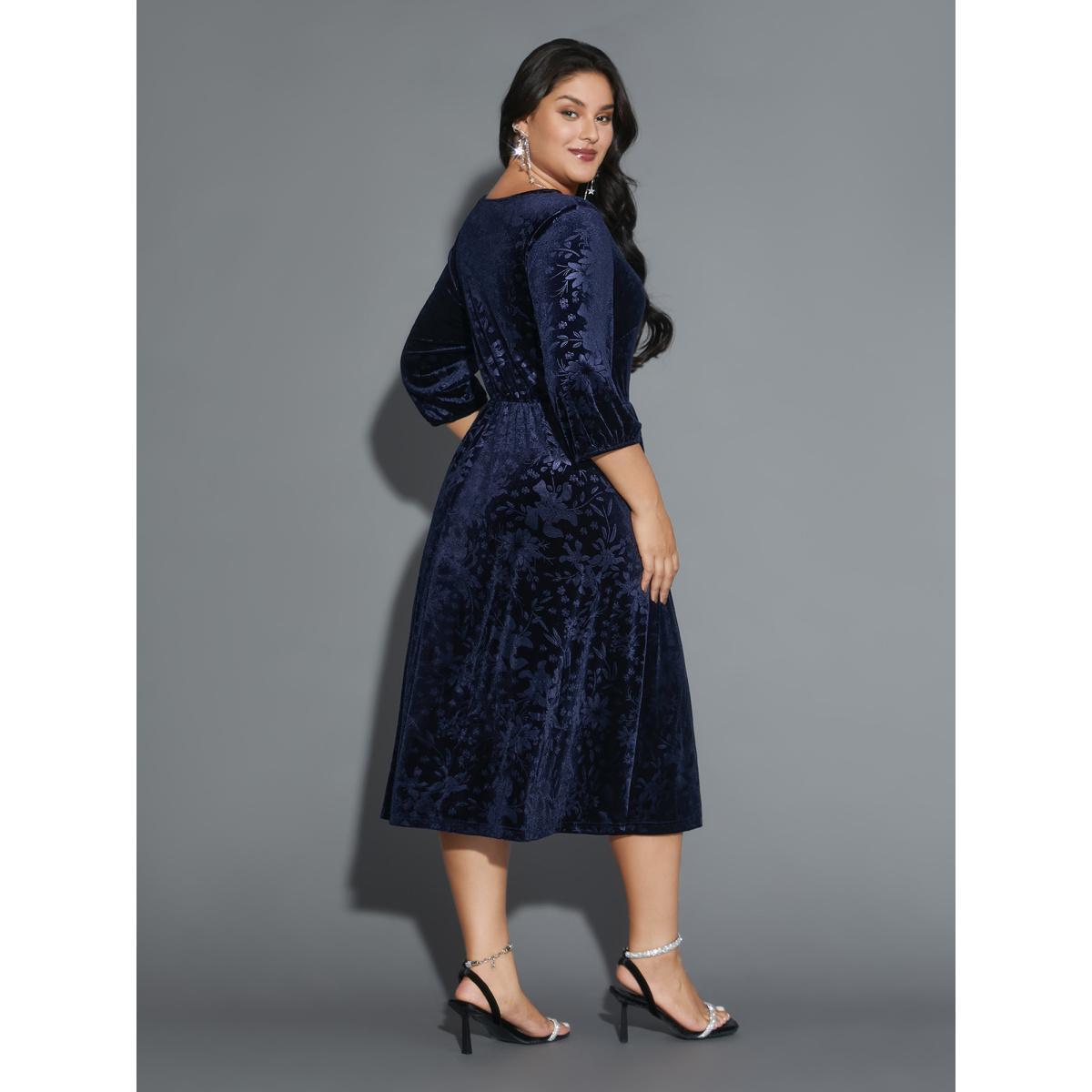 Plus Size Velvet Button Detail V-Shaped Neck Dress DarkBlue Women Cocktail Texture V-neck Elbow-length sleeve Curvy BloomChic 14-16/1X Product Image