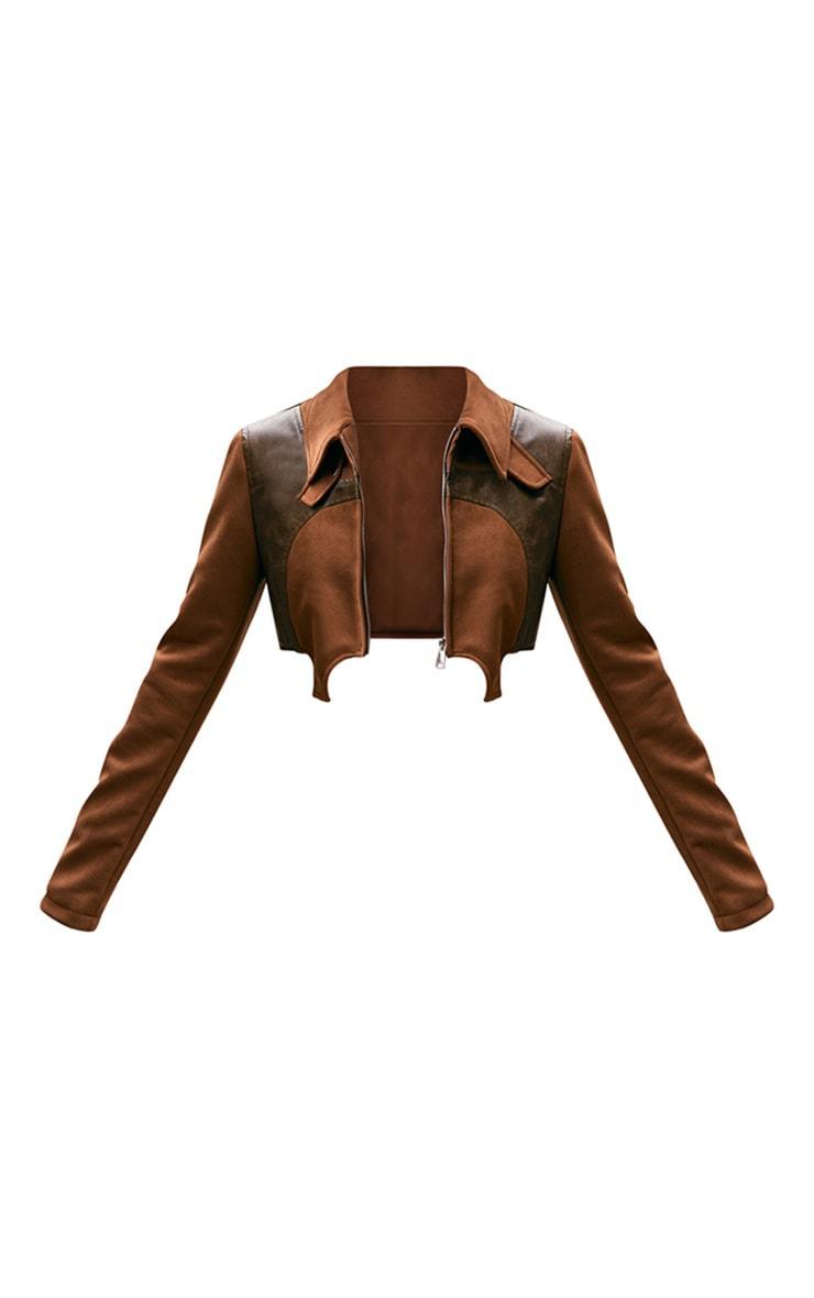 Brown Faux Suede Contrast Faux Leather Western Look Cropped Jacket Product Image