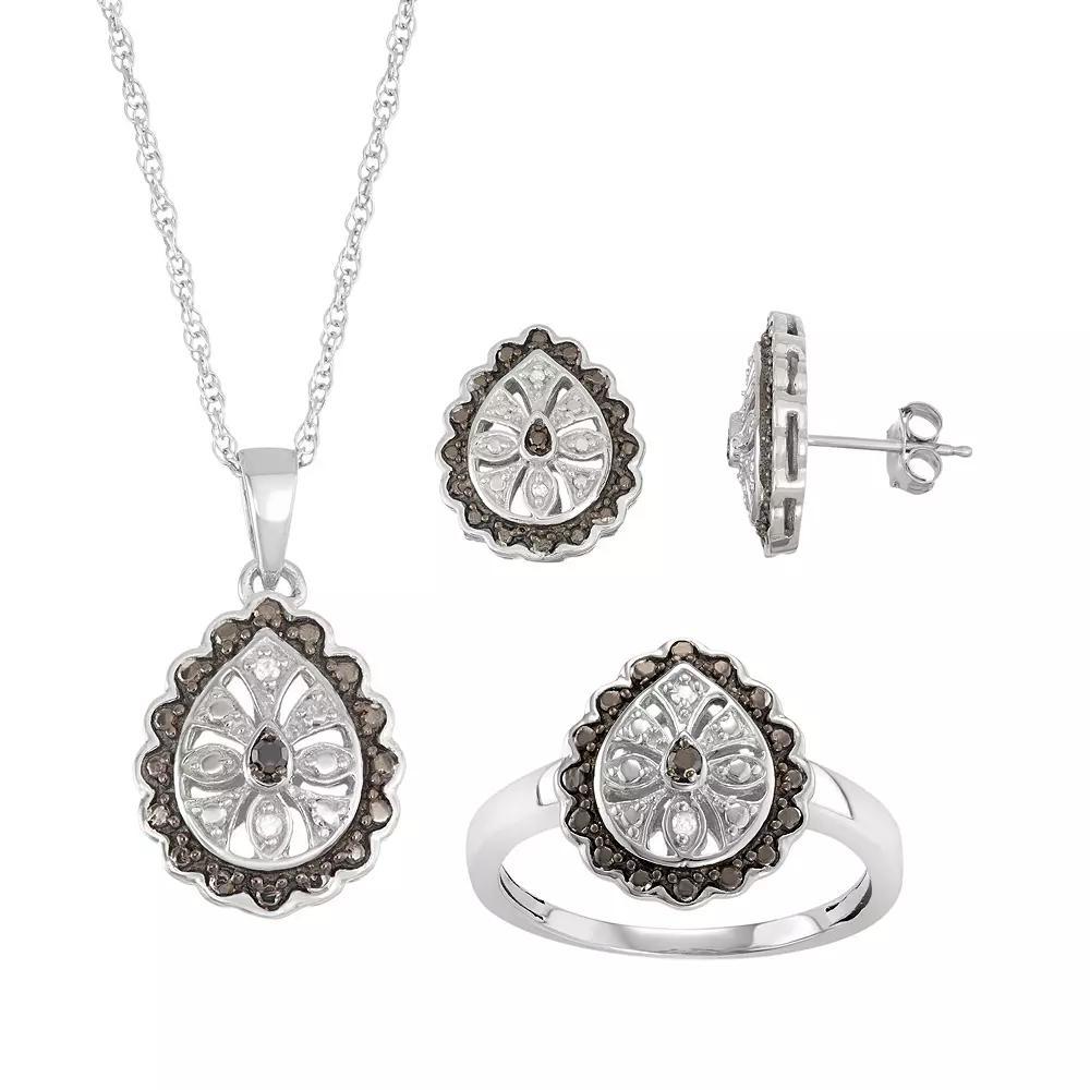 Jewelexcess Sterling Silver 1/10 Carat T.W. Black & White Diamond Flower Teardrop Jewelry Set, Women's, Size: 6 Product Image