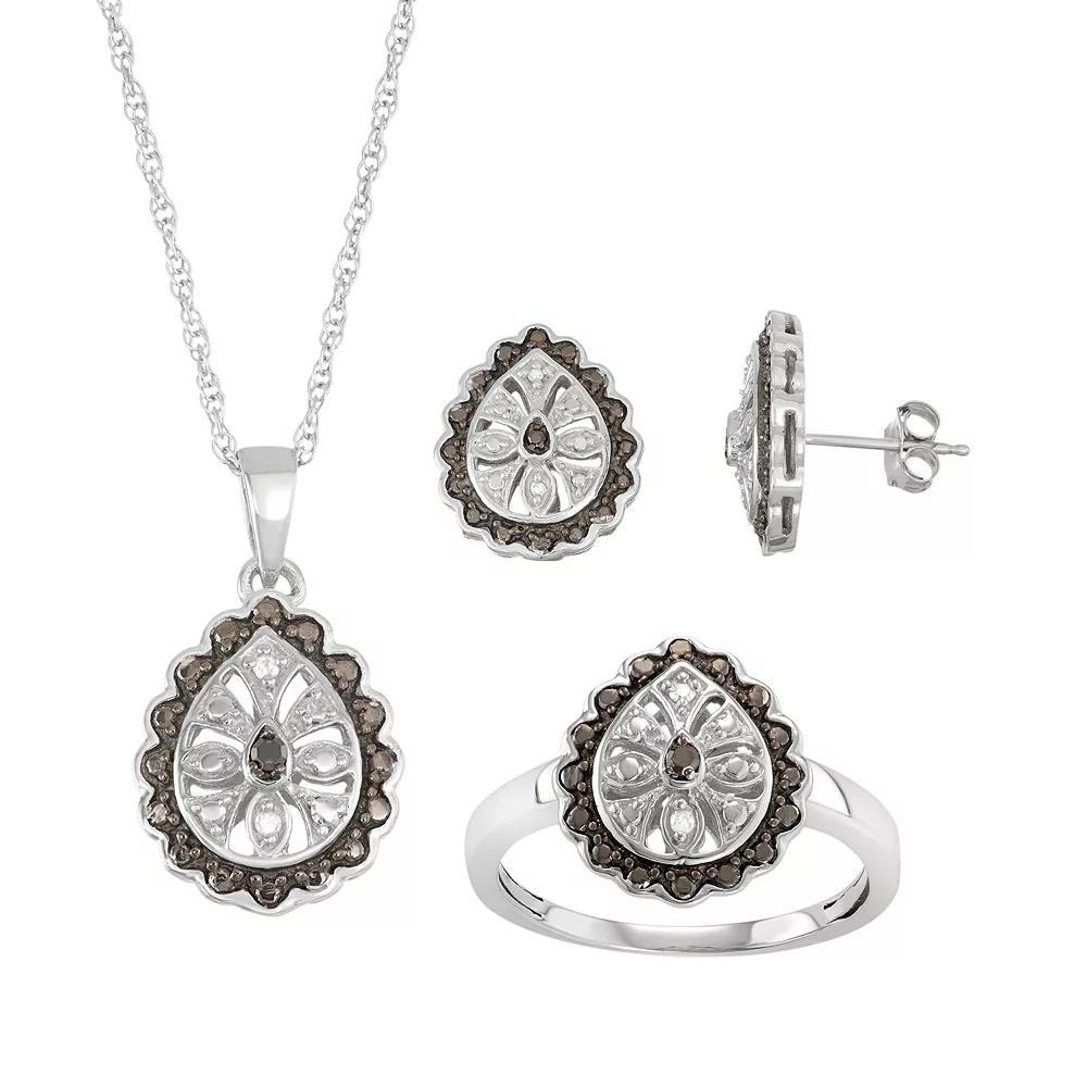 Jewelexcess Sterling Silver 1/10 Carat T.W. Black & White Diamond Flower Teardrop Jewelry Set, Women's, Size: 6 Product Image