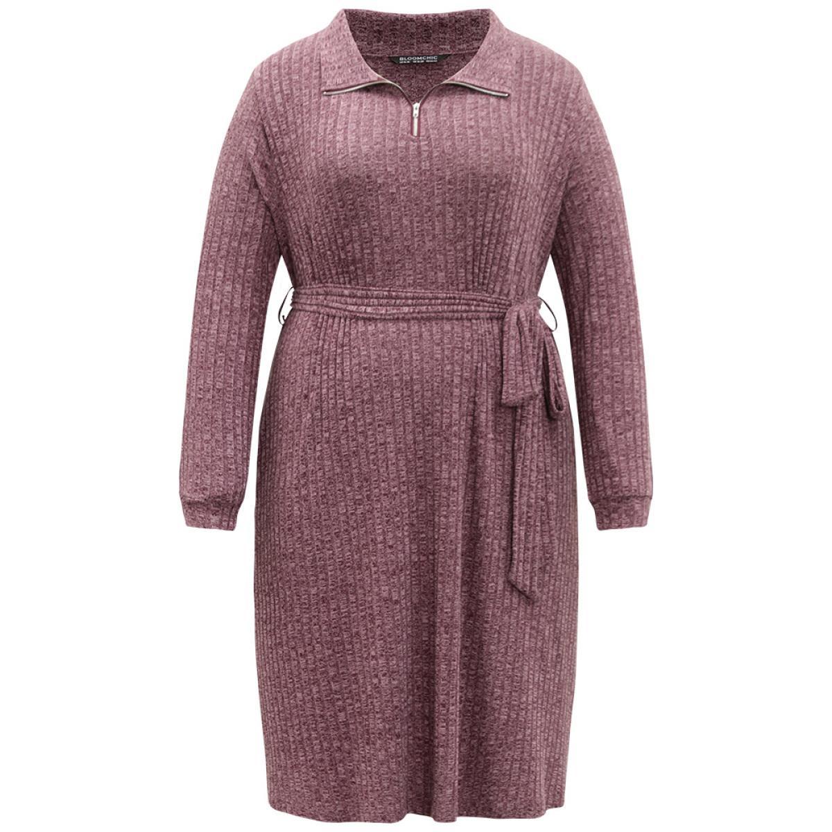Plus Size Solid Belted Rib Knit Half Zipper Dress Scarlet Women Casual Texture Lapel Collar Long Sleeve Curvy Midi Dress BloomChic 26/4X Product Image