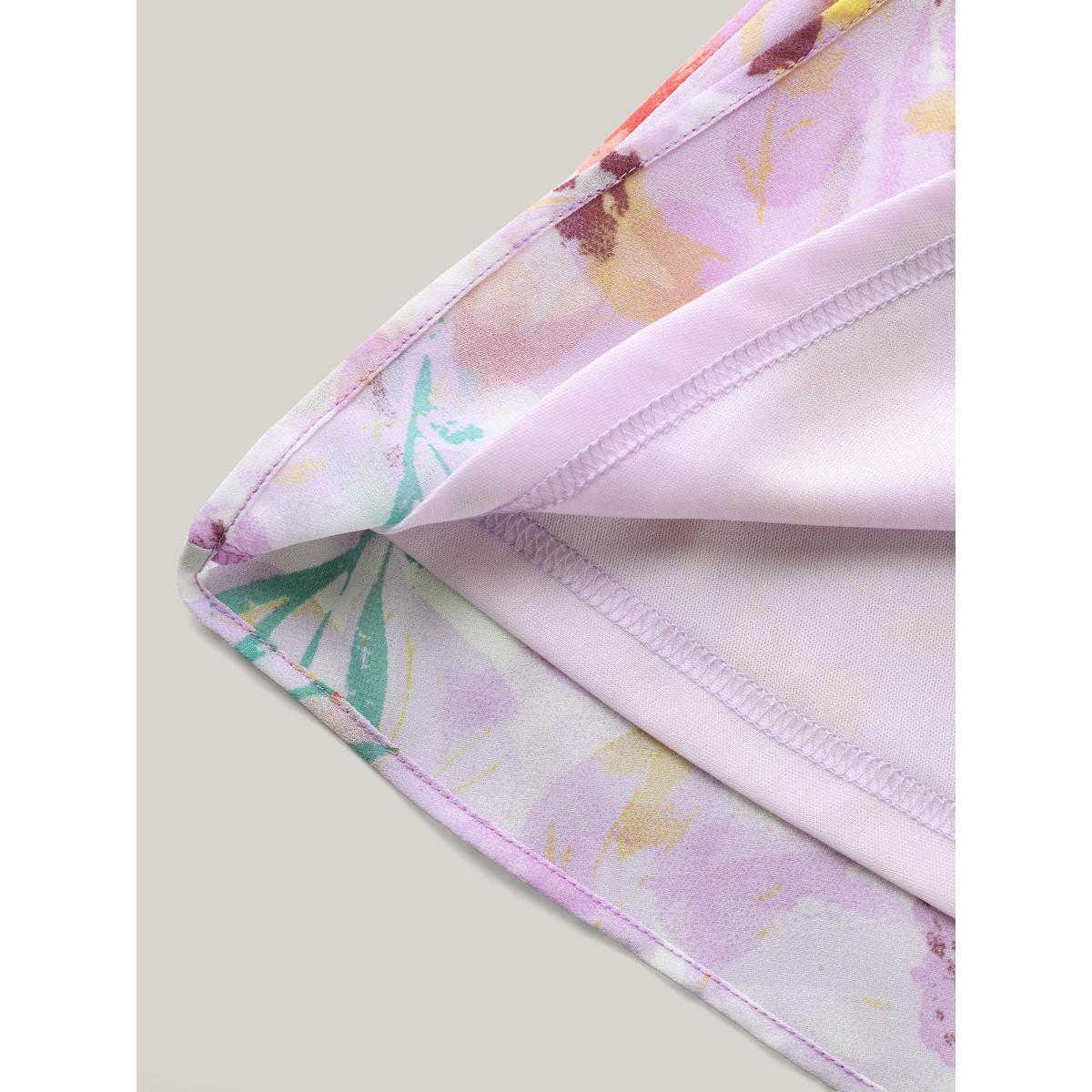 Plus Size Lilac Floral Print Shirred Bodice Blouse Women Short sleeve V-neck Everyday-Elegant Blouses BloomChic 18-20/2X Product Image