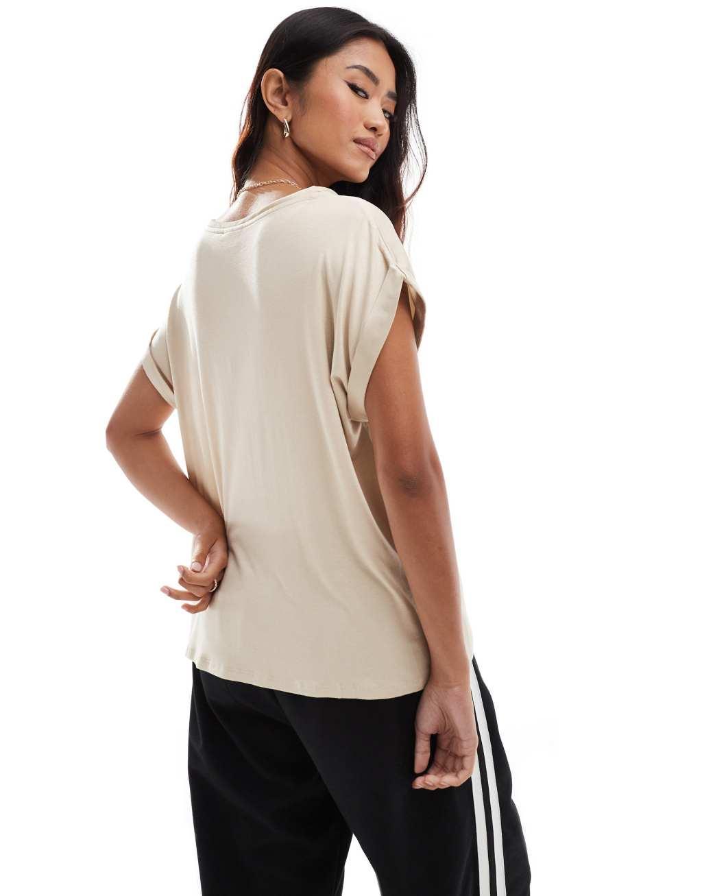 Vila satin front t-shirt with cuffed sleeves in sand Product Image