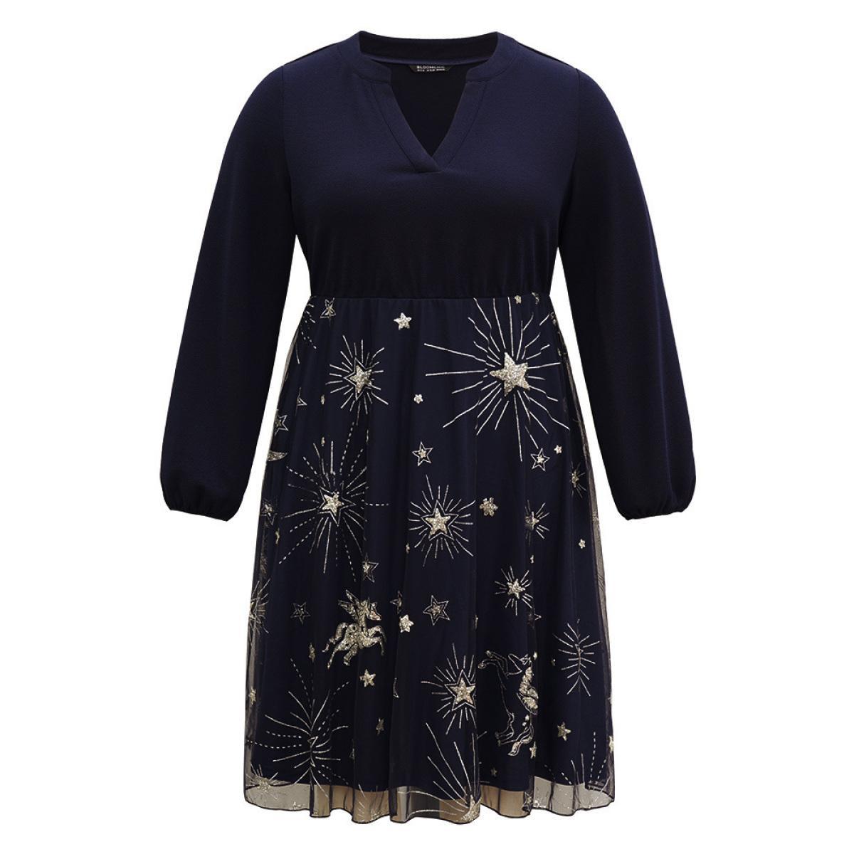 Plus Size Star Glitter Mesh Patchwork Notched Dress Midnight Women Party Elastic cuffs Notched collar Long Sleeve Curvy Midi Dress BloomChic 26/4X Product Image