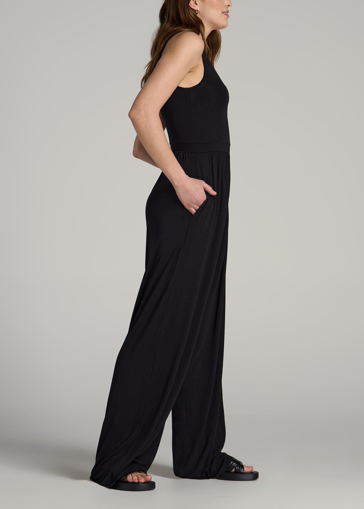 Jersey Tank Wide Leg Tall Women's Jumpsuit with Pockets in Black Product Image