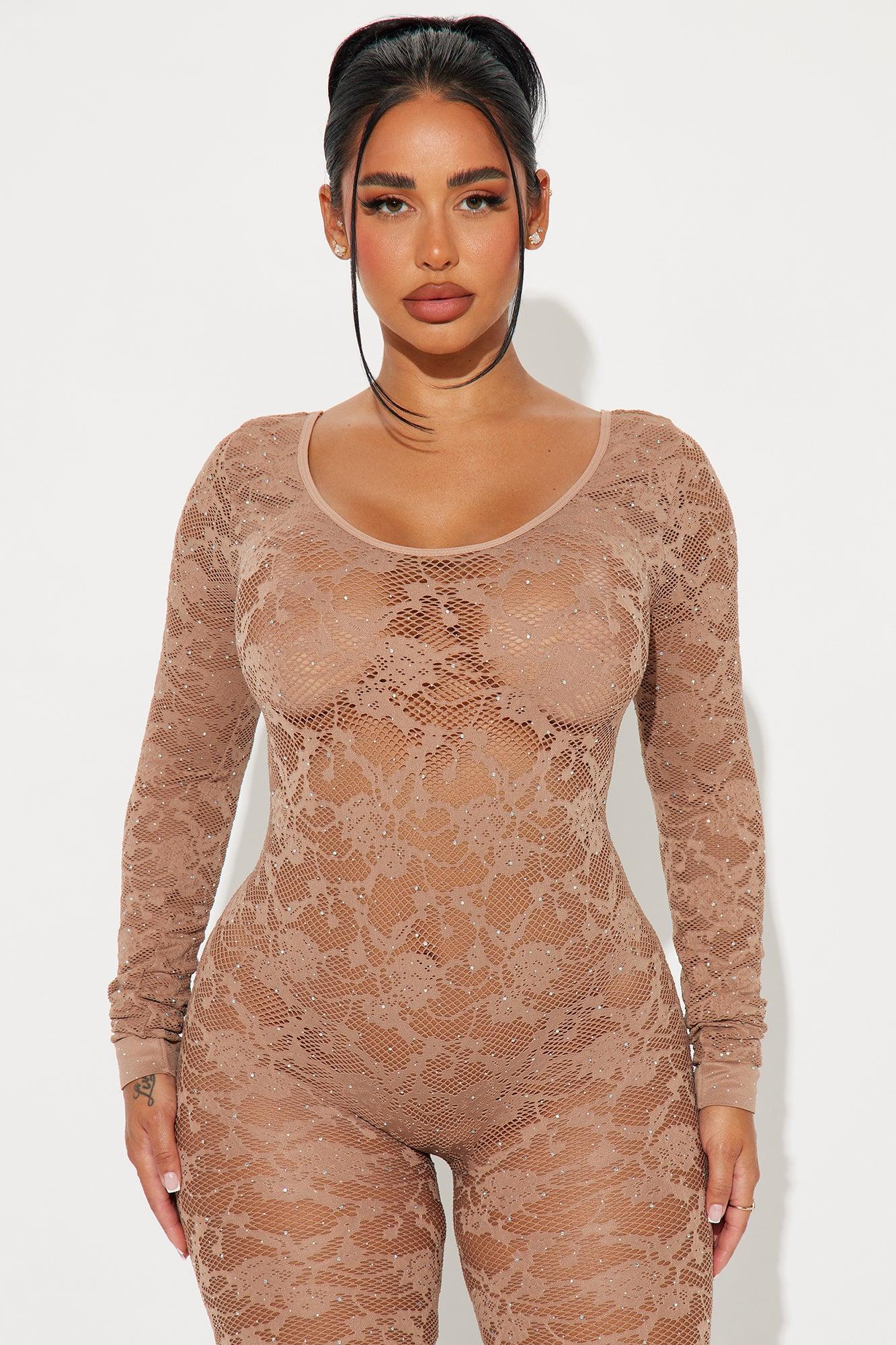 With Amor Embellished Seamless Jumpsuit - Brown Product Image