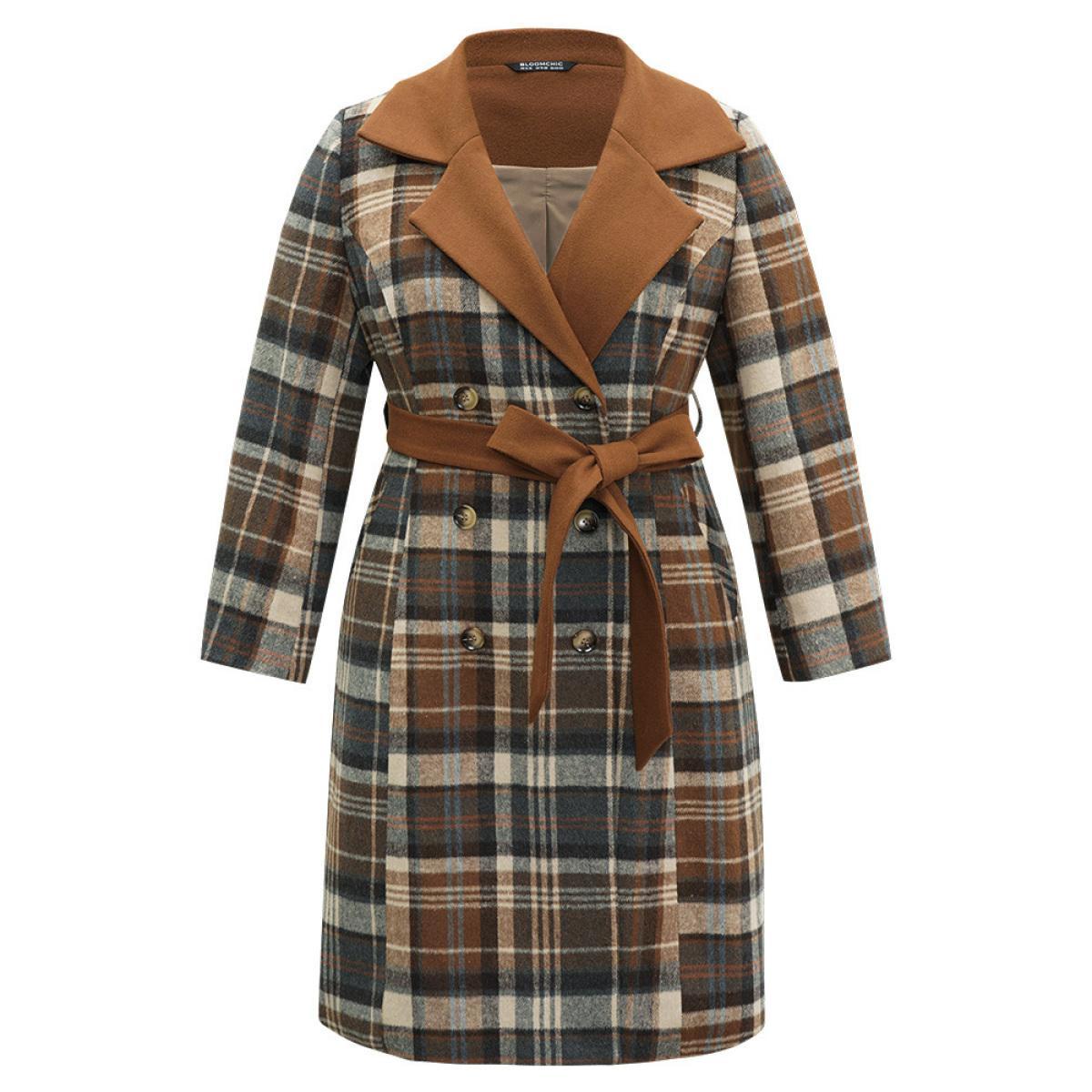 Plus Size Plaid Belted Contrast Lapel Collar Trench Coat Women Bronze Elegant Lined Ladies Dailywear Winter Coats BloomChic 10/M Product Image