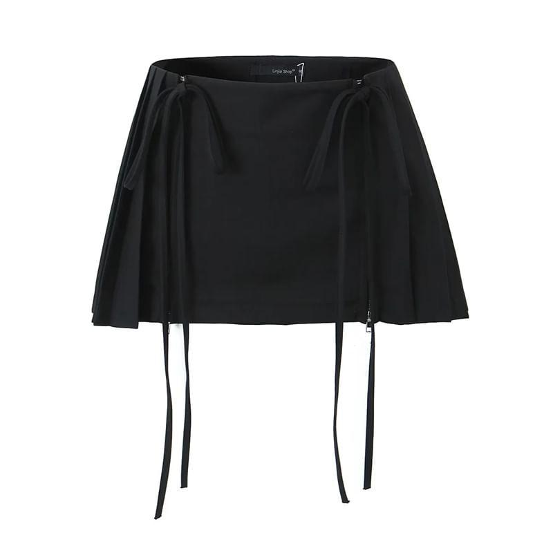 Low Waist Plain Pleated Drawstring Mini A-Line Skirt Product Image