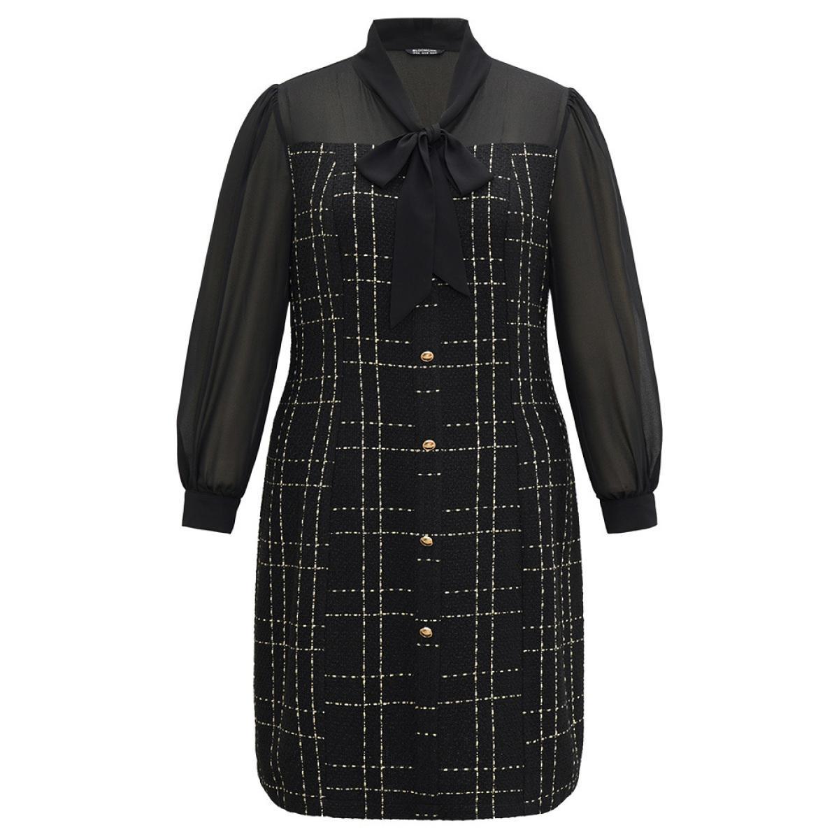 Plus Size Coarse Tweed Patchwork Chiffon Mesh Tie Neck Dress Black Women At the Office Texture Tie Neck Long Sleeve Curvy Midi Dress BloomChic 18-20/2X Product Image