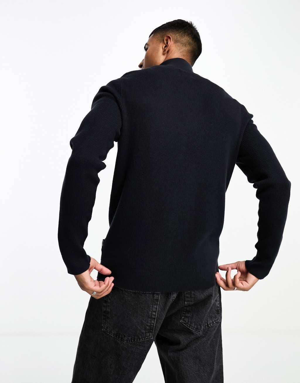 Only & Sons ribbed half zip sweater in navy Product Image