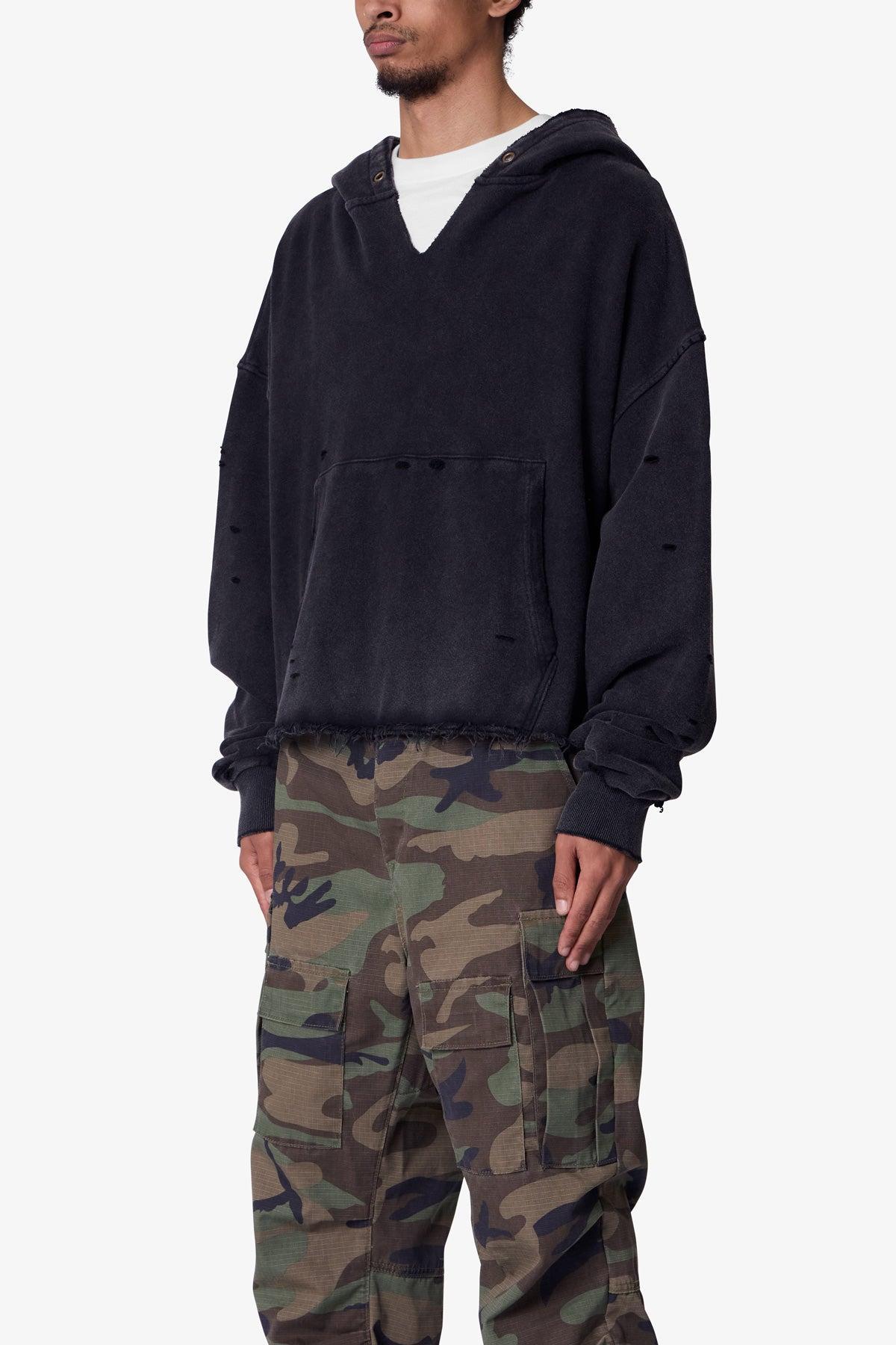 Destroyed V Neck Hoodie - Washed Black Product Image
