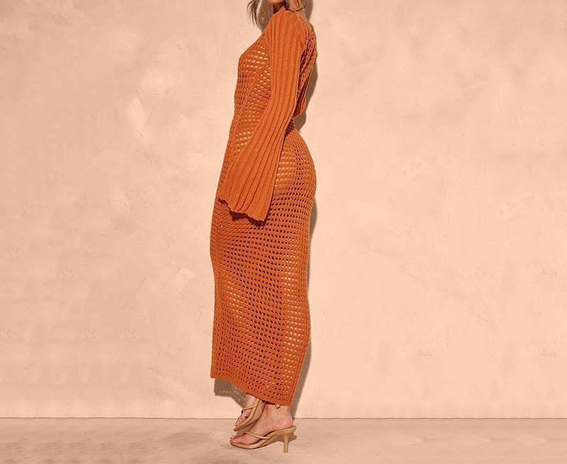 Long Sleeve Square Neck Plain Knit Maxi Sheath Cover Up Dress Product Image