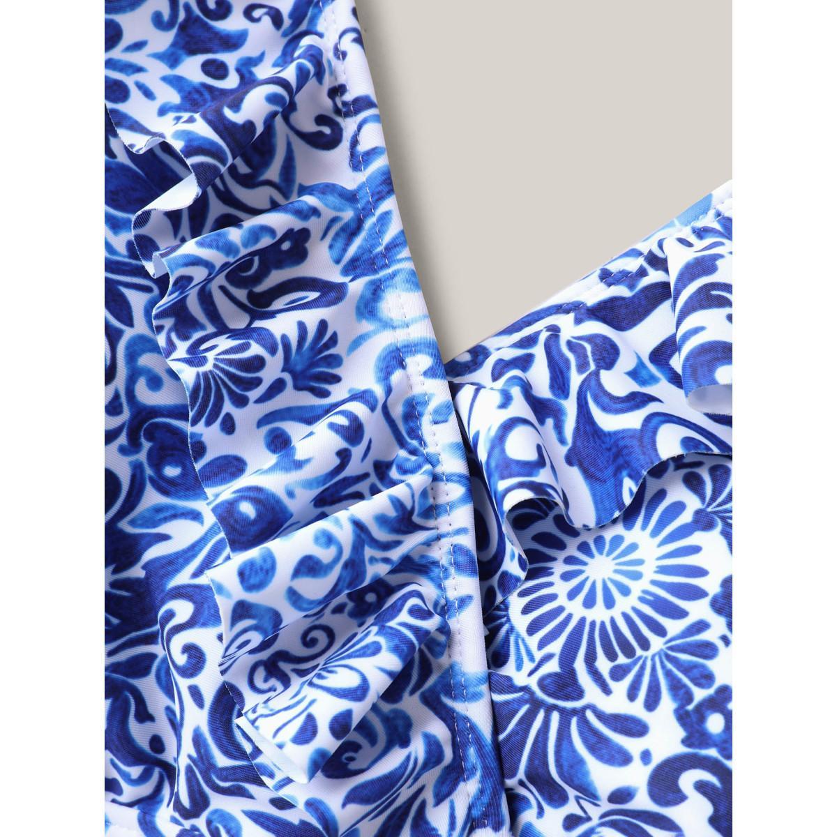 Plus Size Boho Print Ruffled One-Piece Swimsuit Women's Swimwear Cerulean Beach Gathered Curve Bathing Suits High stretch One Pieces BloomChic 14-16/1X Product Image