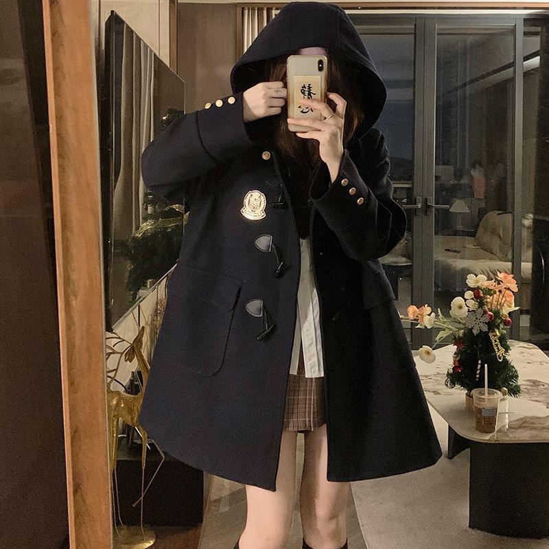 Plain Badge Embroidered Hooded Duffle Jacket Product Image