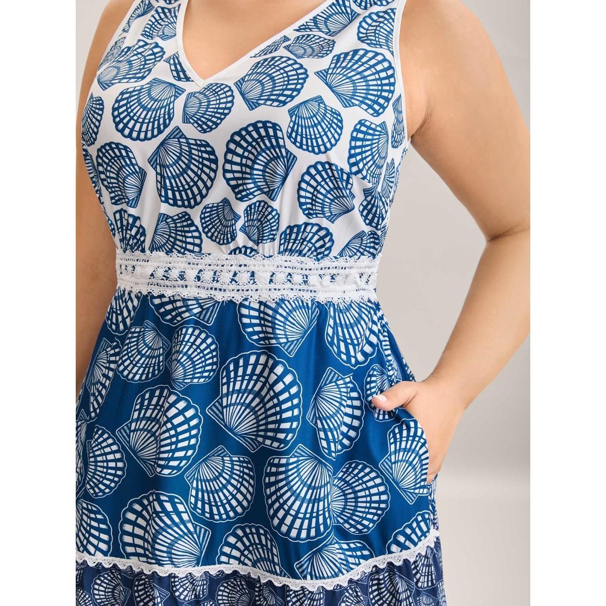 Plus Size Shell Print Lace Trim Pockets Maxi Dress DarkBlue Women V-neck Sleeveless Curvy BloomChic 22-24/3X Product Image