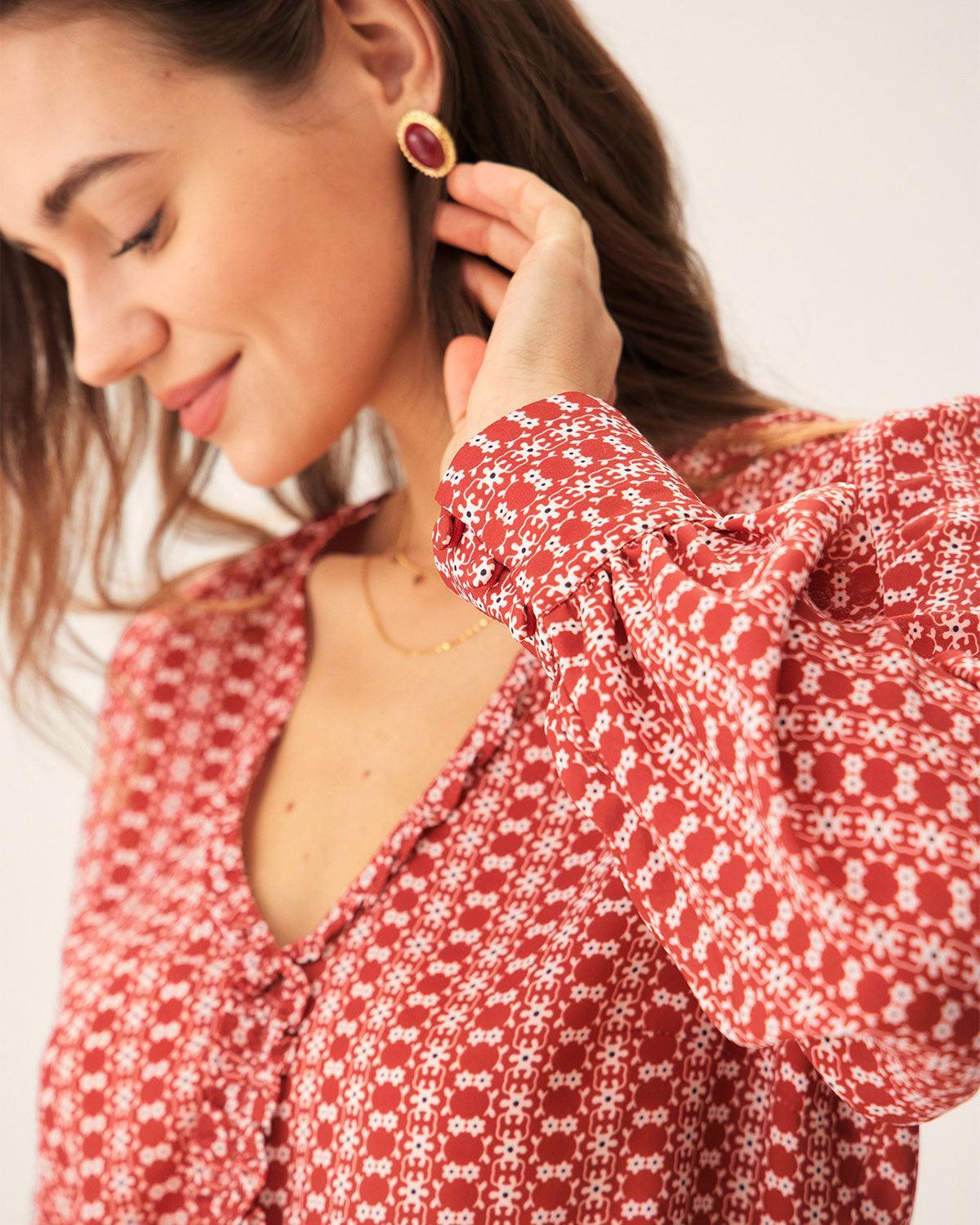 Red Floral V Neck Blouse Product Image