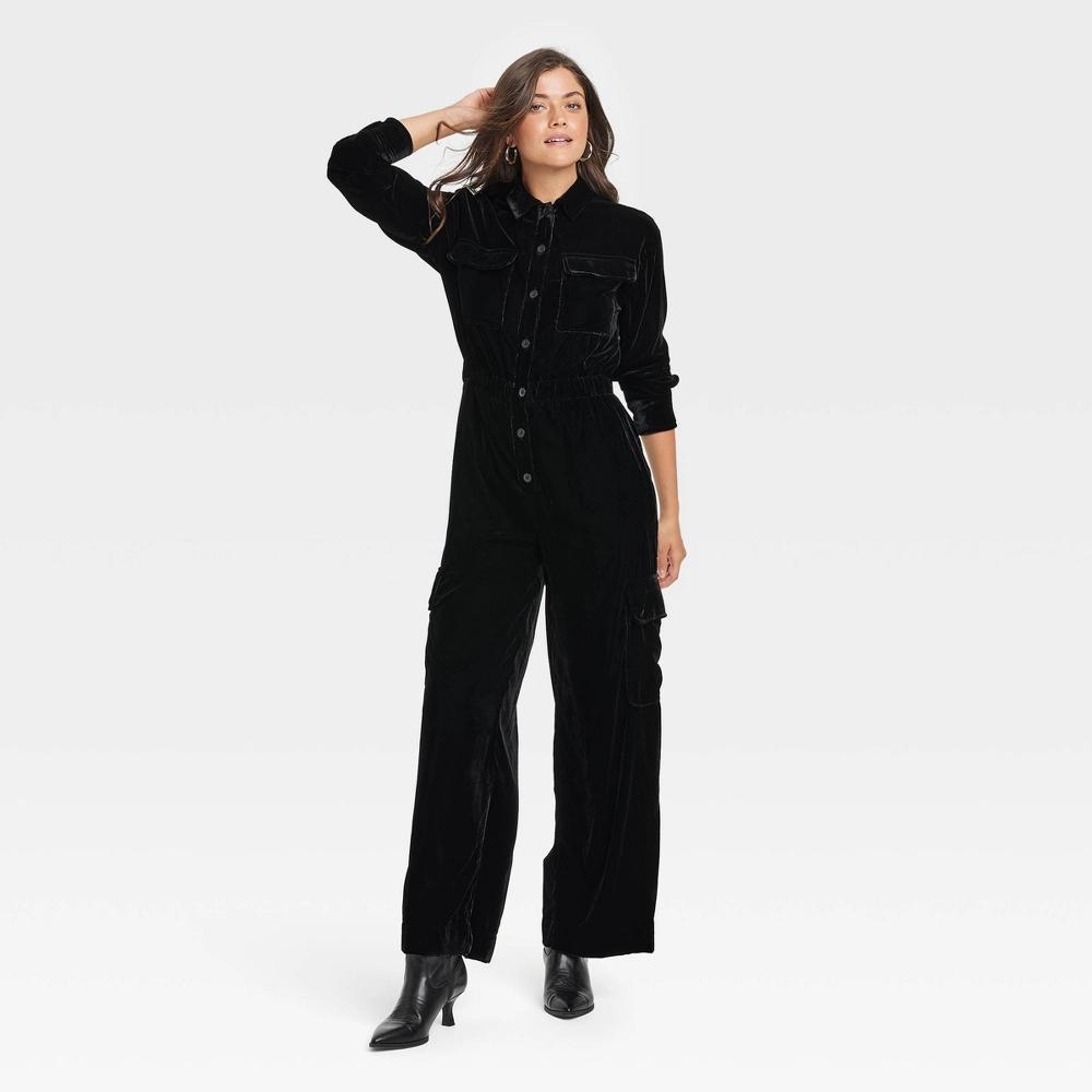 Womens Long Sleeve Velvet Cargo Jumpsuit - Universal Thread Black 6 Product Image
