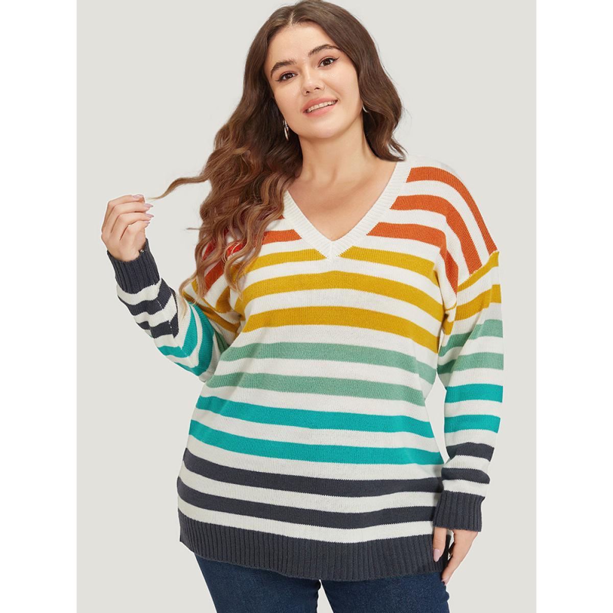 Plus Size Rainbow Print V Neck Elastic Cuffs Pullover Multicolor Women Casual Loose Long Sleeve V-neck Dailywear Pullovers BloomChic 26/4X Product Image