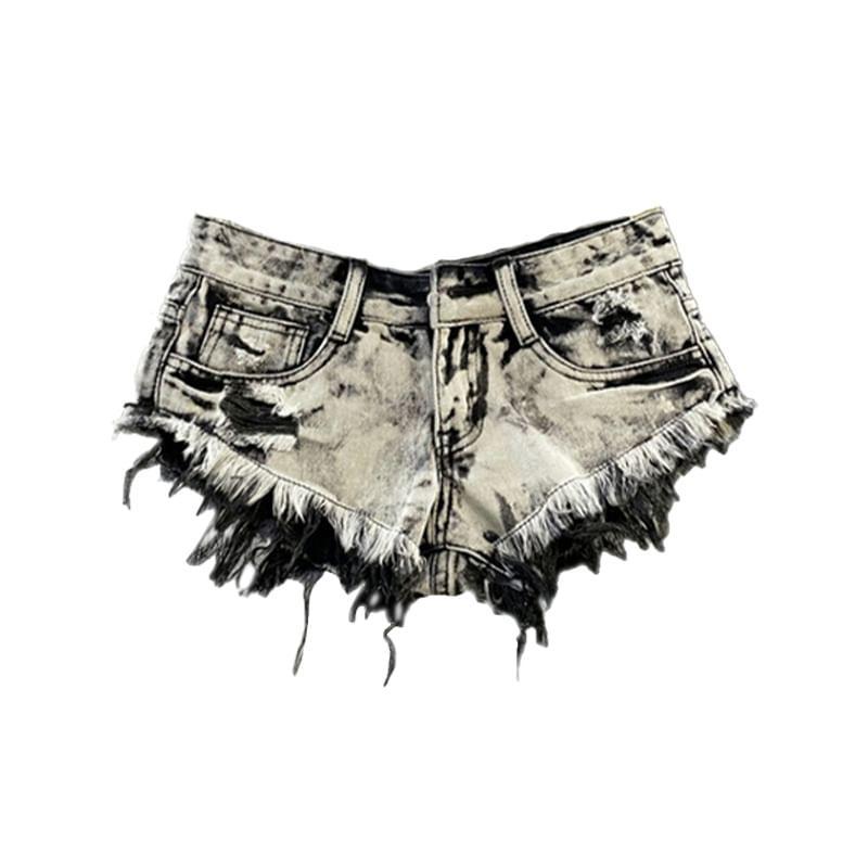 Low Rise Washed Distressed Denim Shorts Product Image
