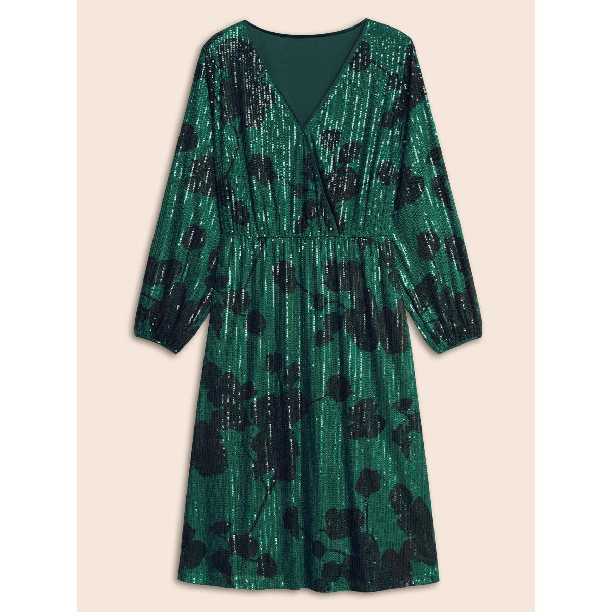 Plus Size Sequin Floral Lantern Sleeve Midi Dress Truegreen Women Cocktail Texture Party Curvy Bloomchic 18-20/2X Product Image