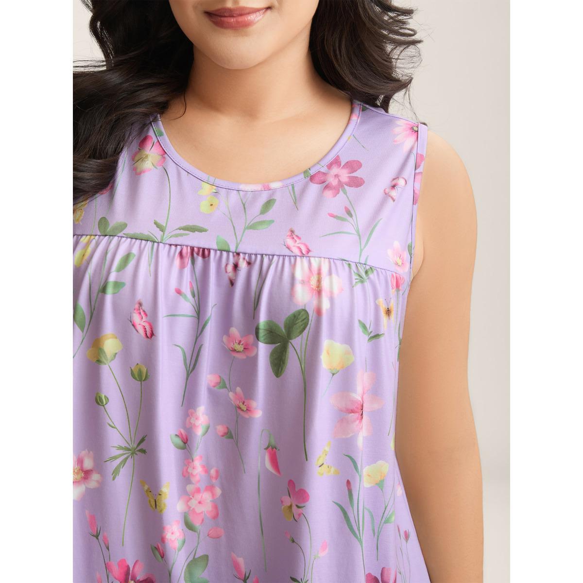 Plus Size Floral Print Flowy Pleated Tank Top Women Lilac Gathered Round Neck Everyday-Casual Tank Tops Camis BloomChic 12/L Product Image