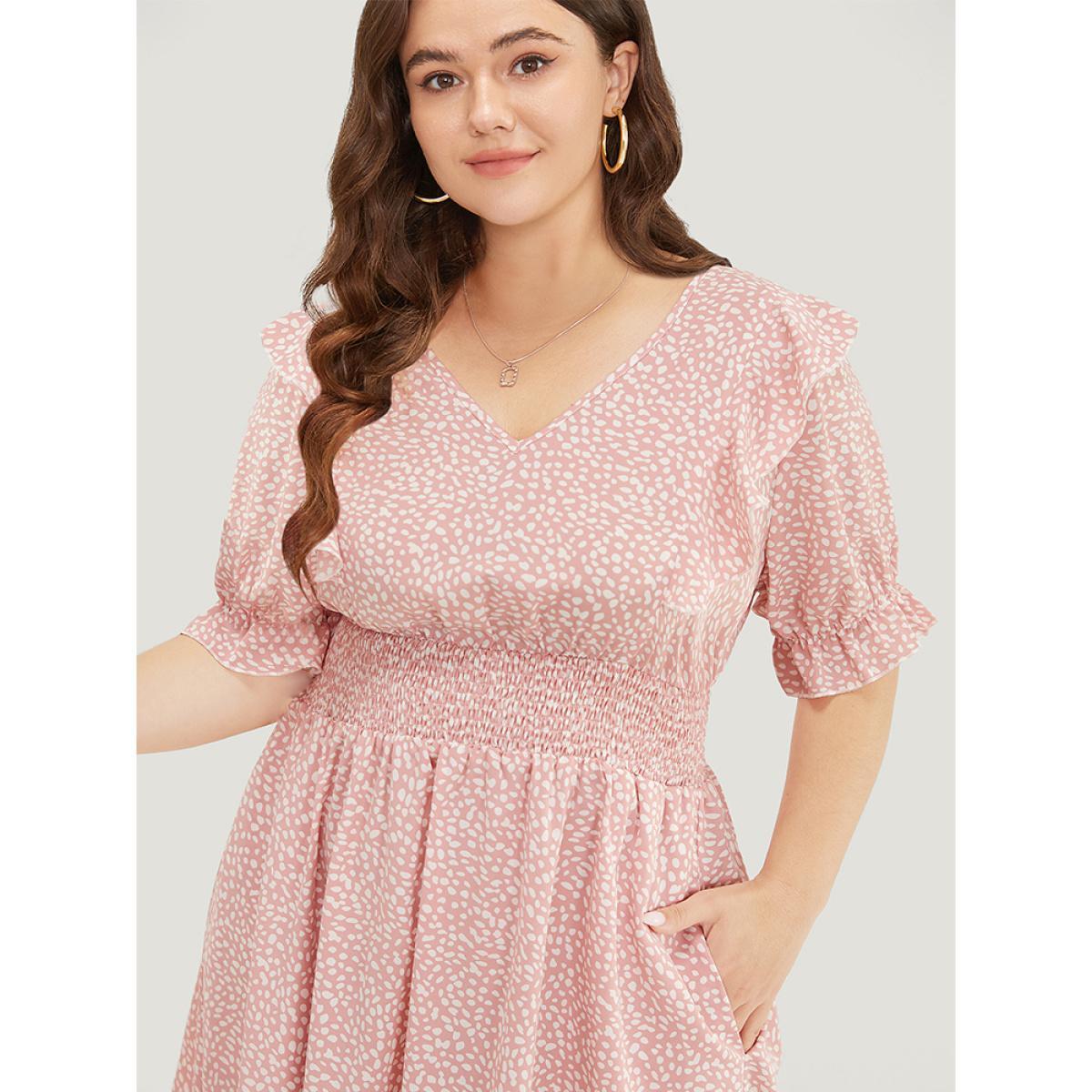 Plus Size Leopard Ruffle Trim Pocket Shirred Puff Sleeve Dress DustyPink Women Elegant Lined V-neck Short sleeve Curvy Midi Dress BloomChic 26/4X Product Image