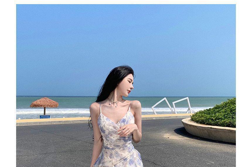 Spaghetti Strap Floral Slit Ruffle Trim Midi A-Line Sundress Product Image
